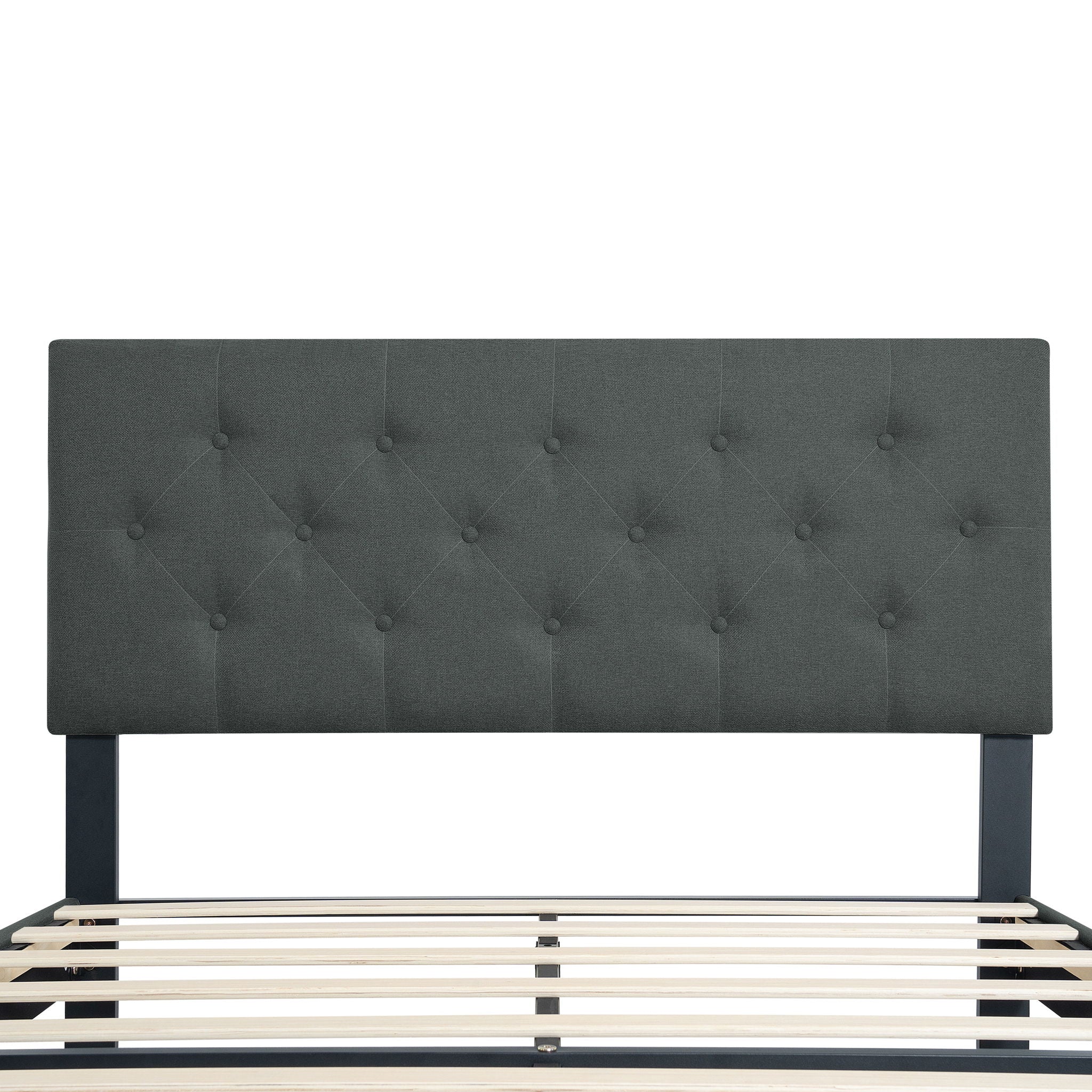 Modern Upholstered Platform Bed Frame With Button Tufted Linen Fabric Headboard