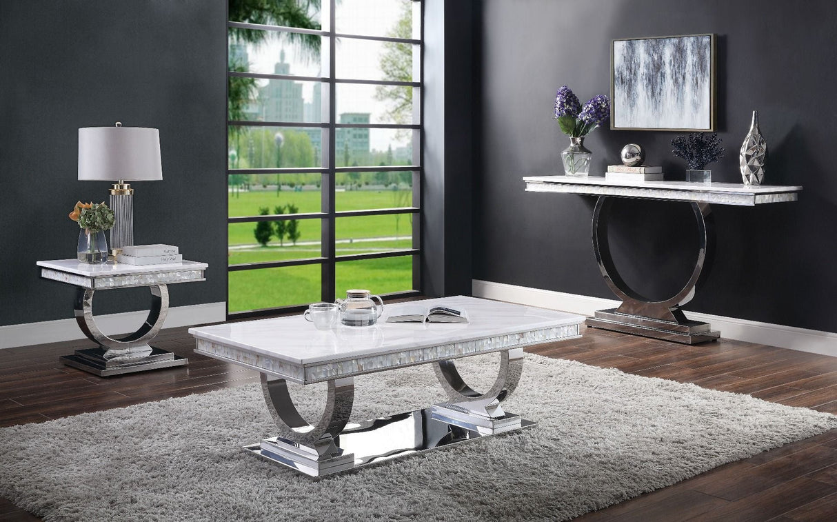 ACME Zander - Console Table - White Printed Faux Marble & Mirrored Silver Finish | Meri Furniture