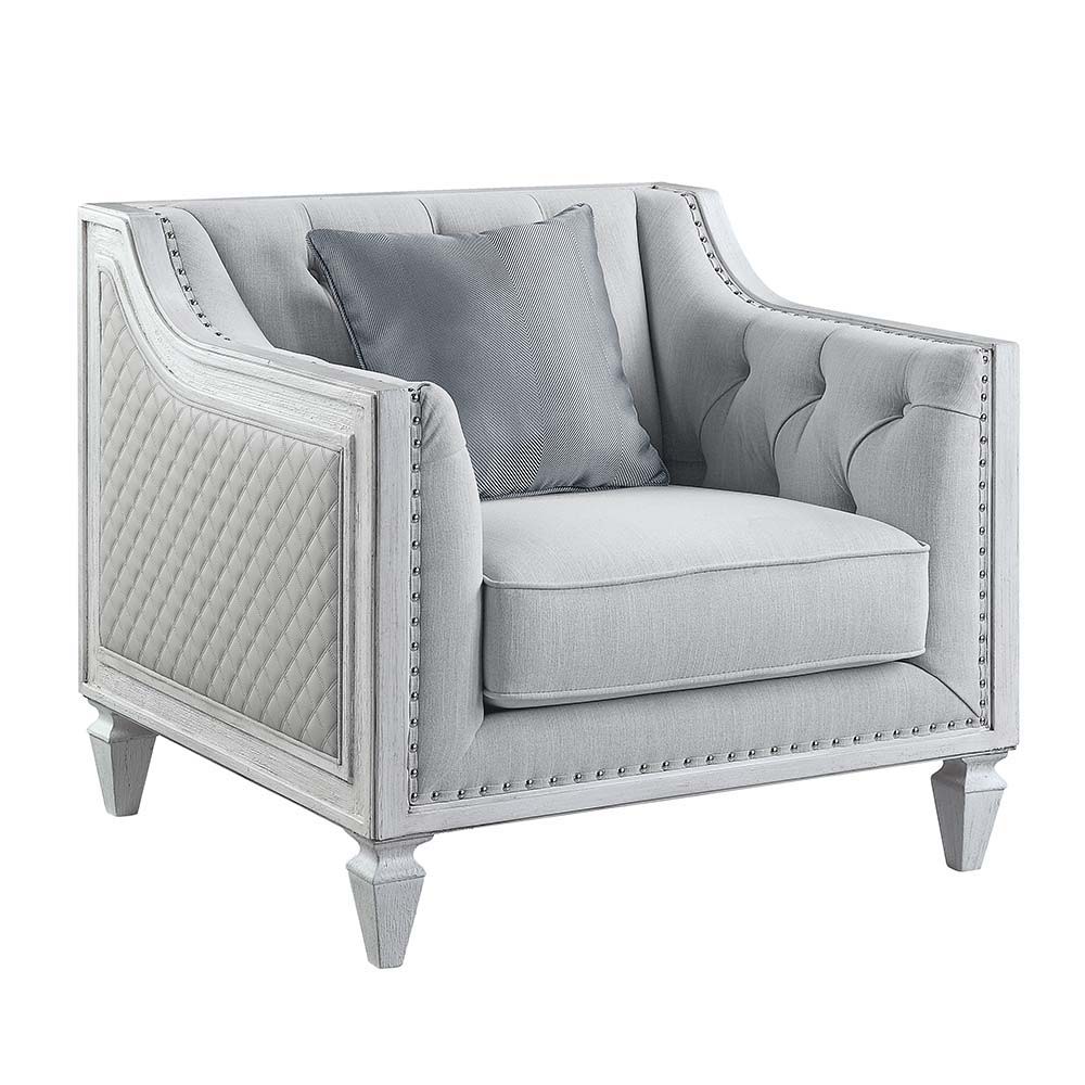 ACME Katia - Chair - Light Gray Linen & Weathered White Finish | Meri Furniture