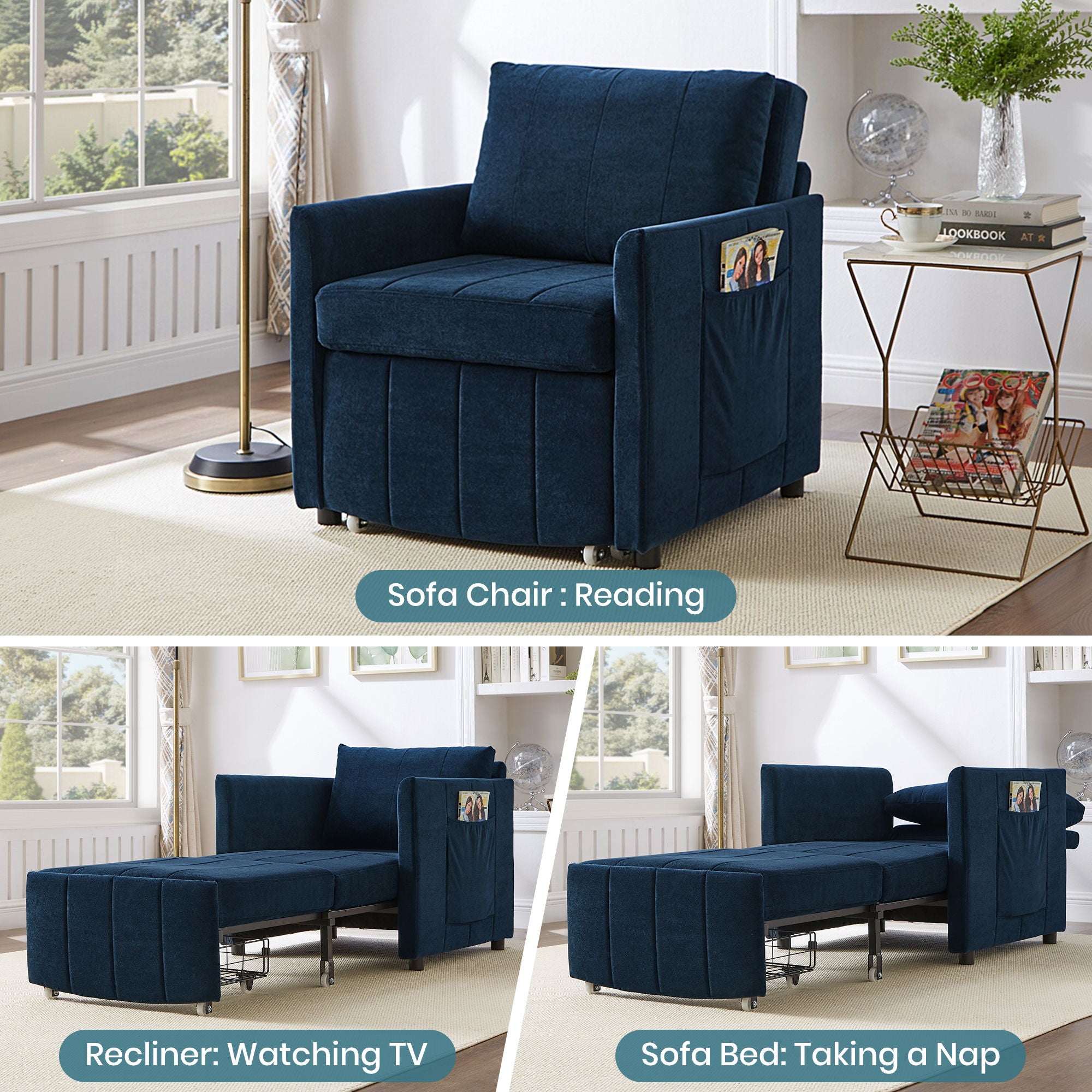 Upholstered Convertible Sleeper Sofa With 5 Position Backrest, Side Pockets, Storage