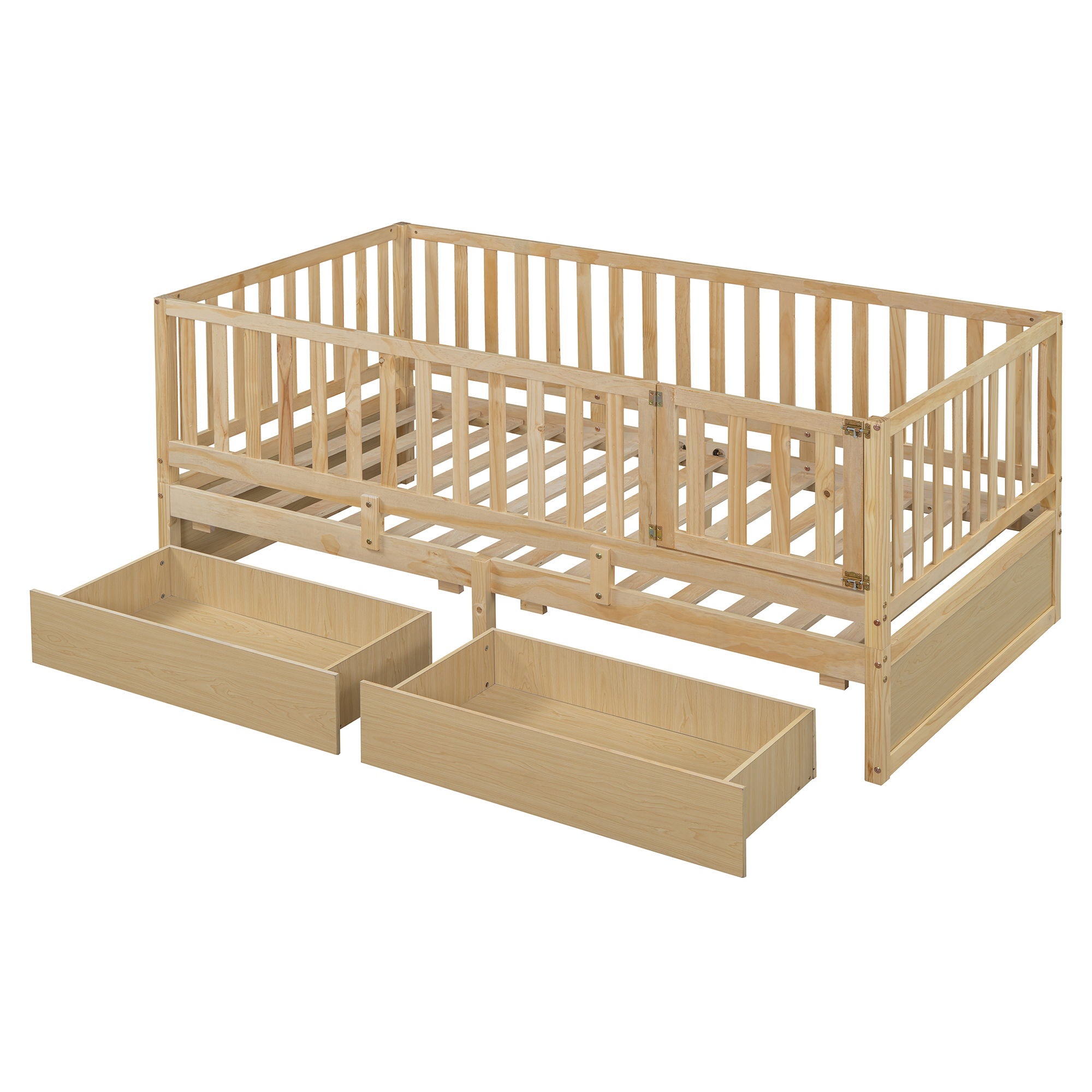 Daybed With Fence Guardrails And 2 Drawers, Split Into Independent Floor Bed & Daybed