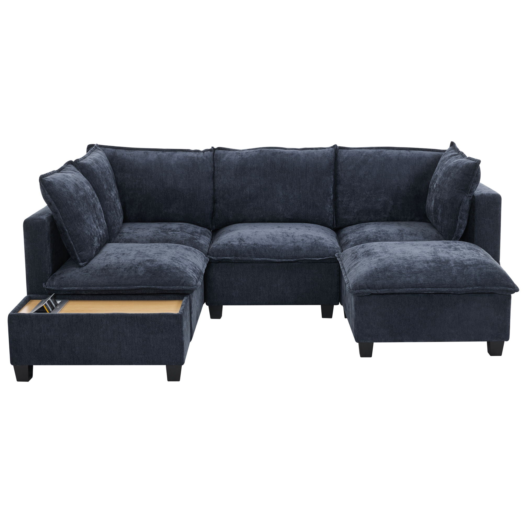 U-Shaped Sectional Modular Sofa With A Movable Ottoman, A Coffee Table With Hidden Charging Devices For Living Room