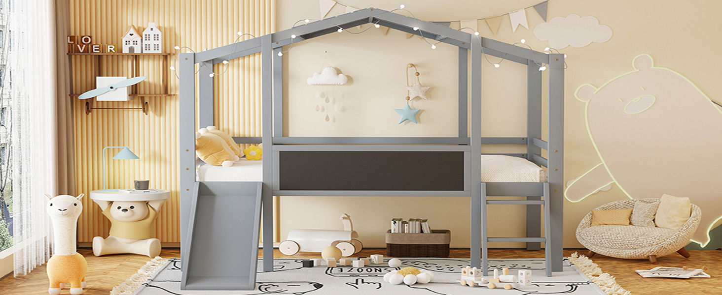 Loft House Bed With Ladder And Slide, With Blackboard And Light Strip On The Roof