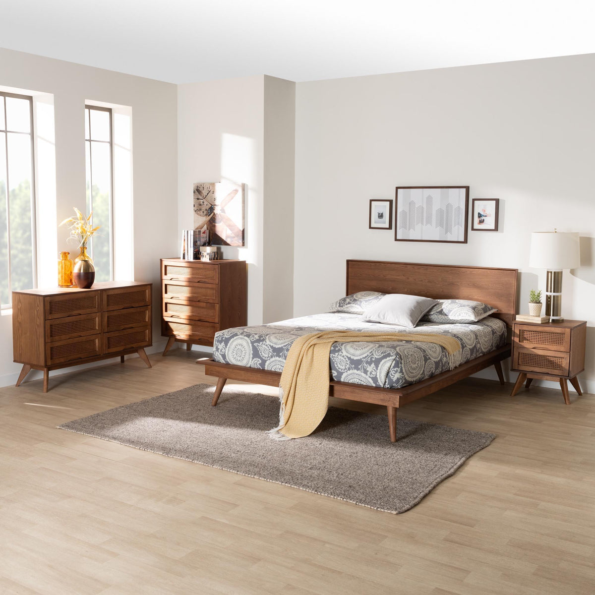 Melora Mid-Century Modern Walnut Brown Finished Wood and Rattan King Size 4-Piece Bedroom Set