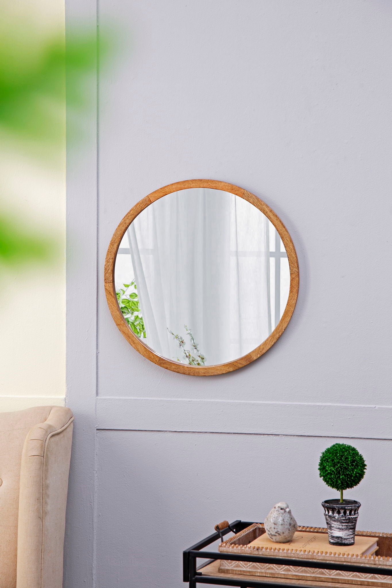 Circle Wall Mirror With Wooden Frame, Wall Mirror For Living Room