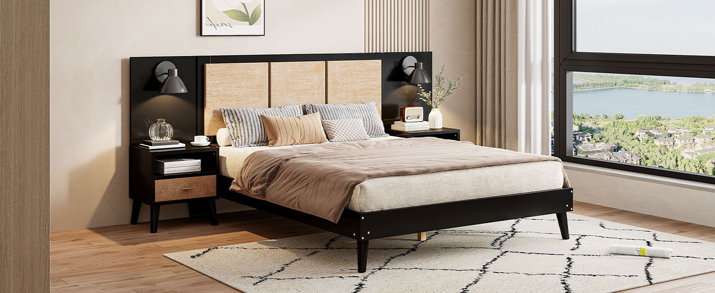 Bed Frame With 2 Nightstands Elegant Design With Lamps