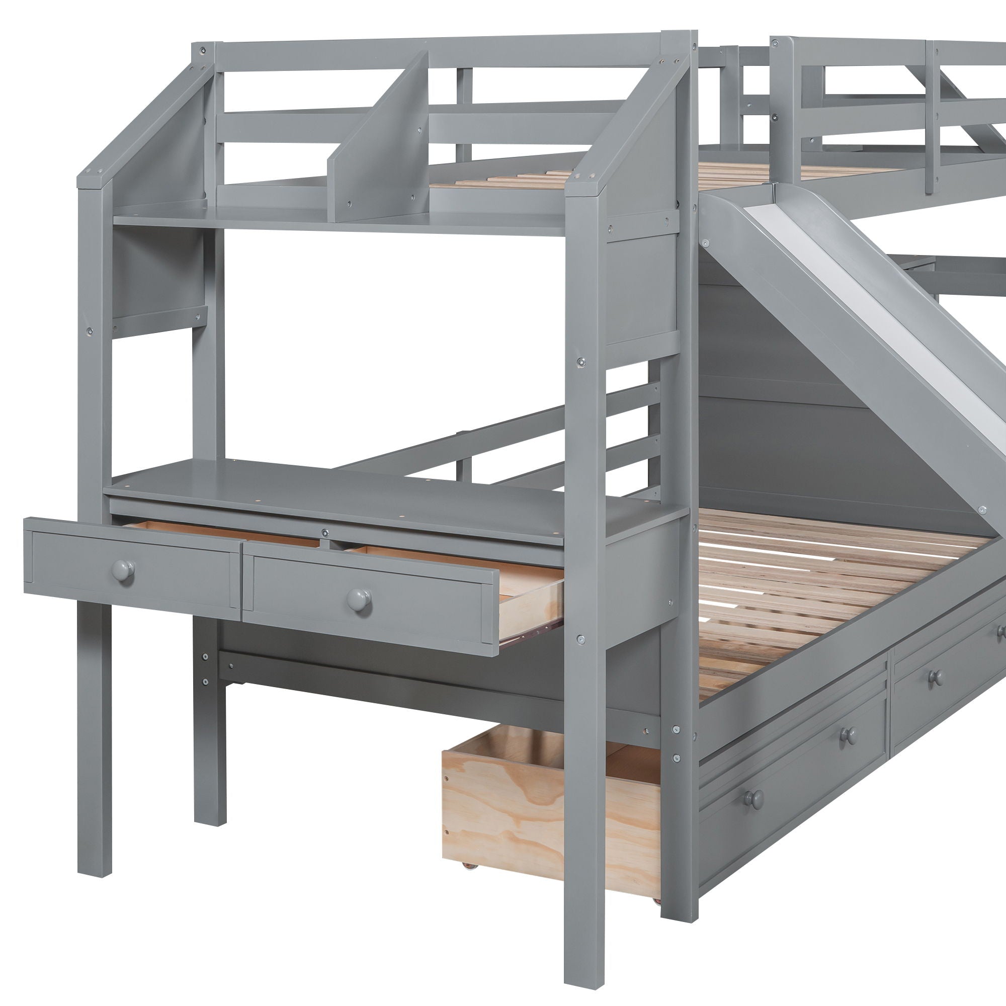 Bunk Bed With Storage Staircase, Slide, Desk, Drawers, And Shelves
