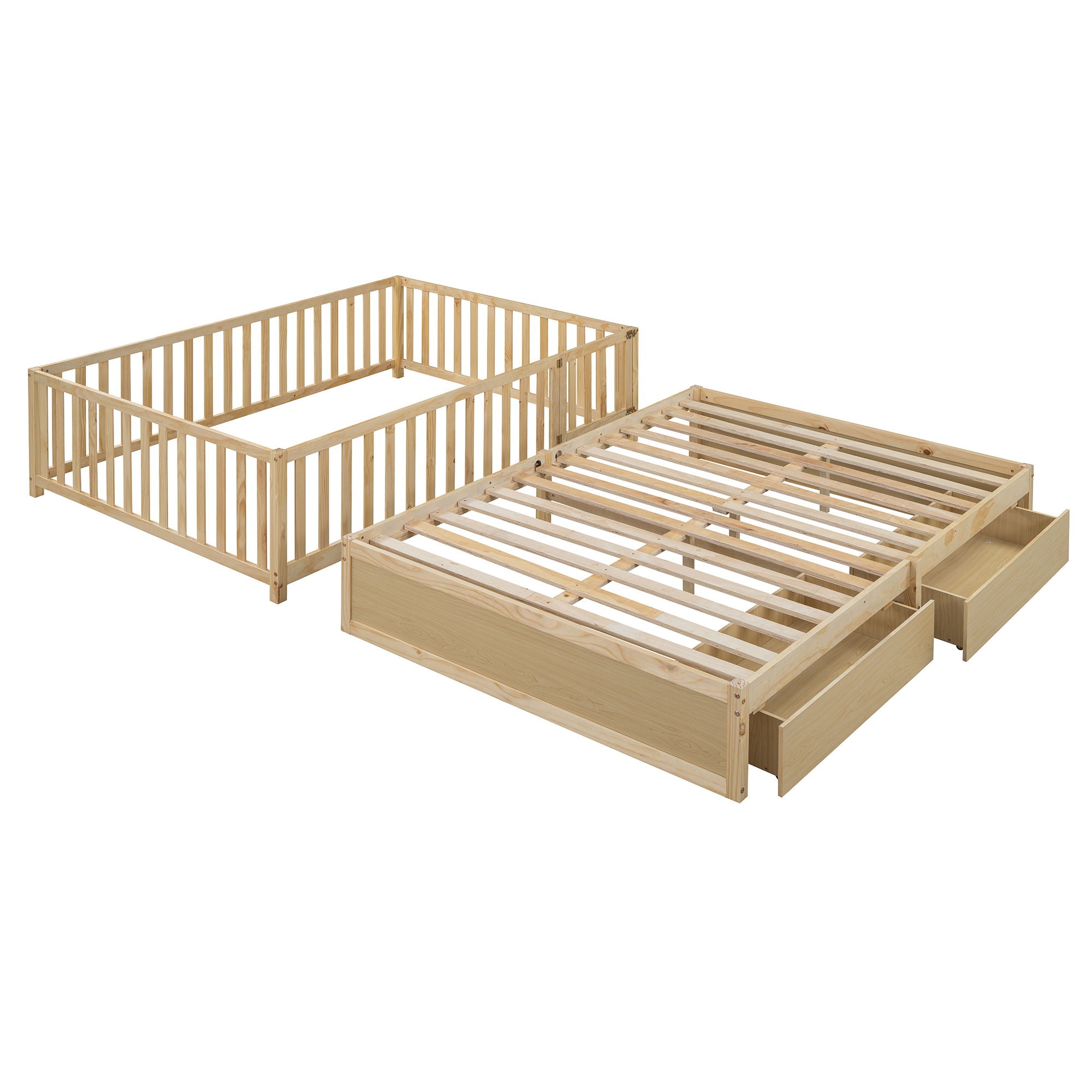 Daybed With Fence Guardrails And 2 Drawers, Split Into Independent Floor Bed & Daybed