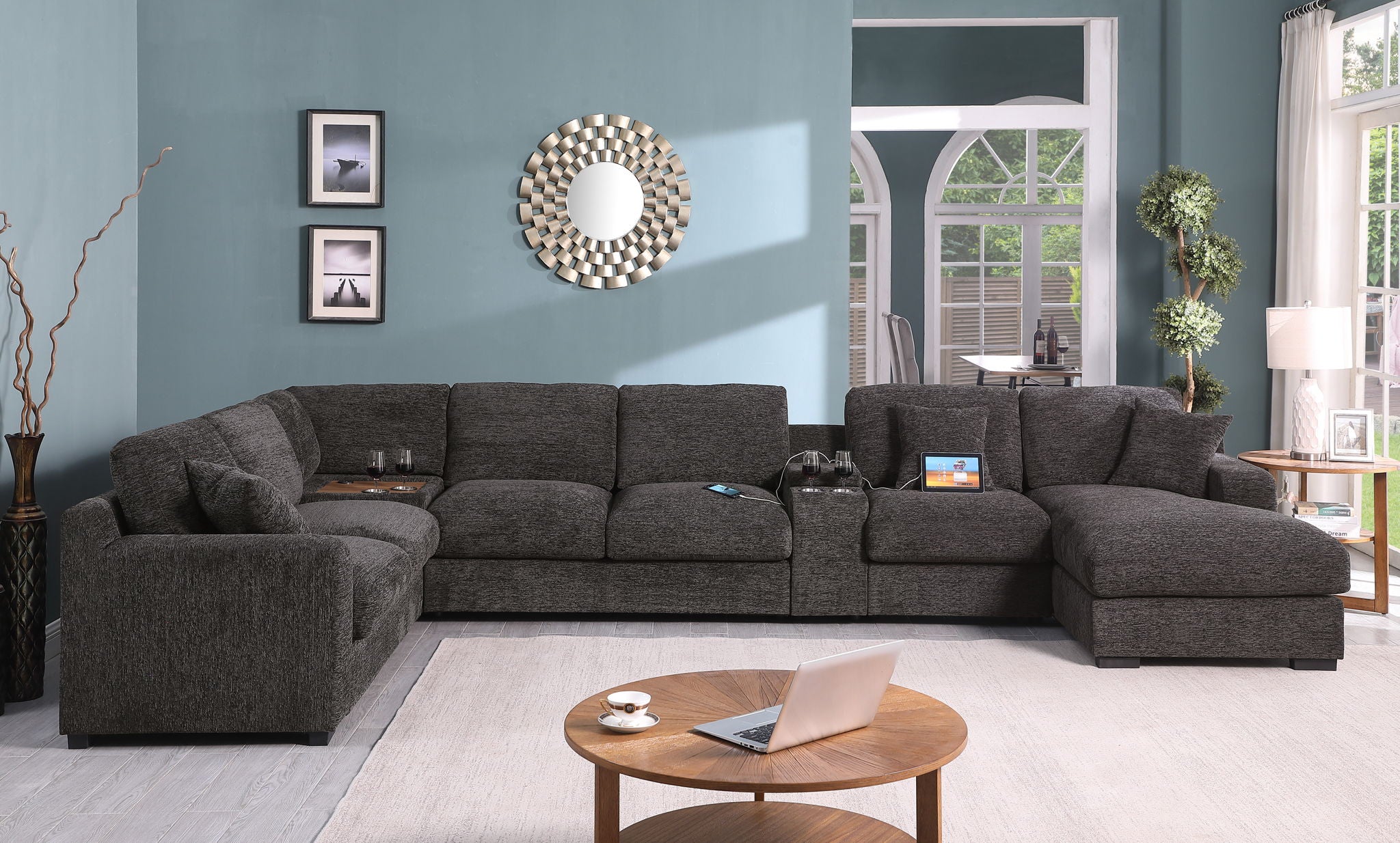 Celine - Chenille Fabric Corner Sectional Sofa With Right Facing Chaise, Cupholders, And Charging Ports - Gray