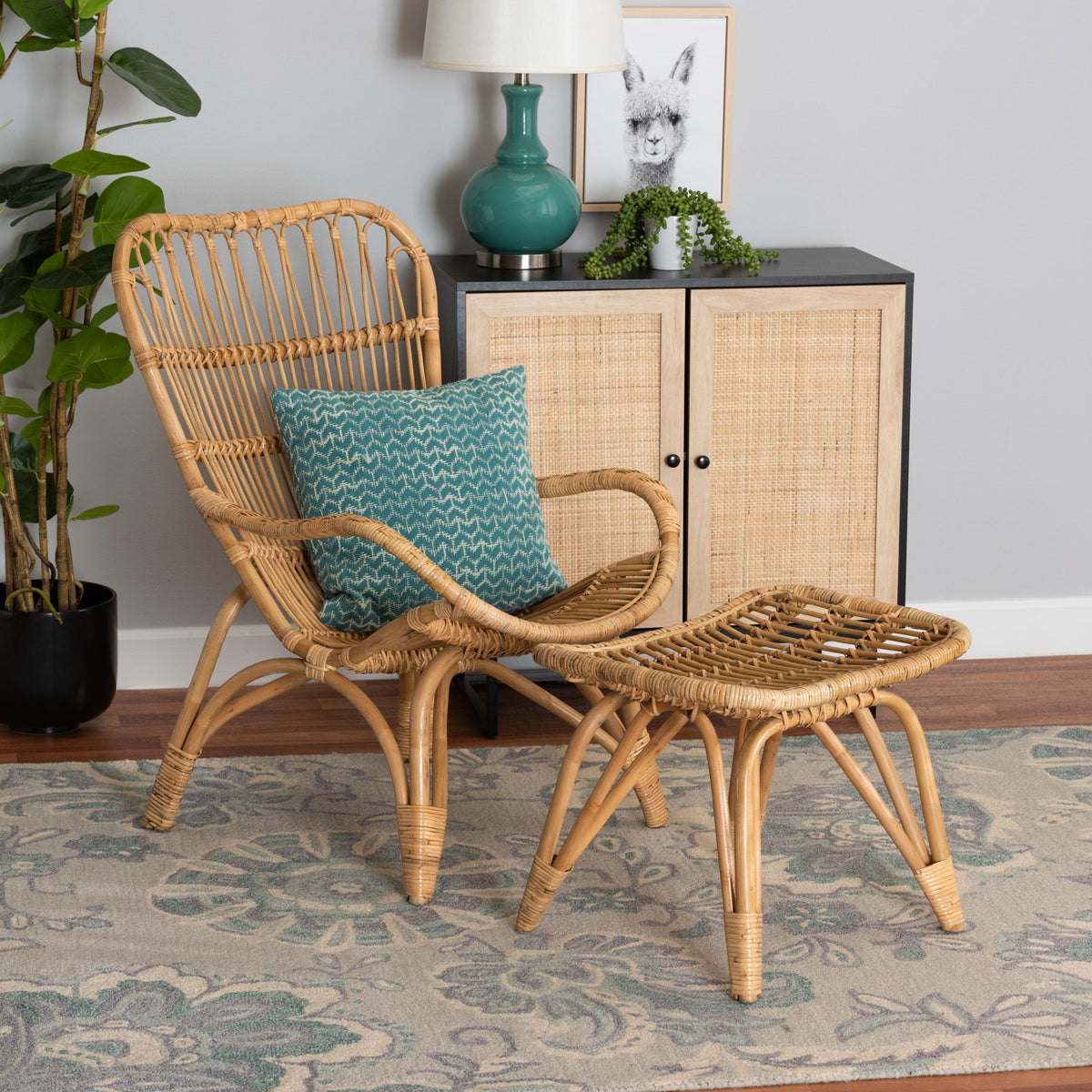Earvin Modern Bohemian Natural Brown Rattan 2-Piece Armchair and Footstool Set
