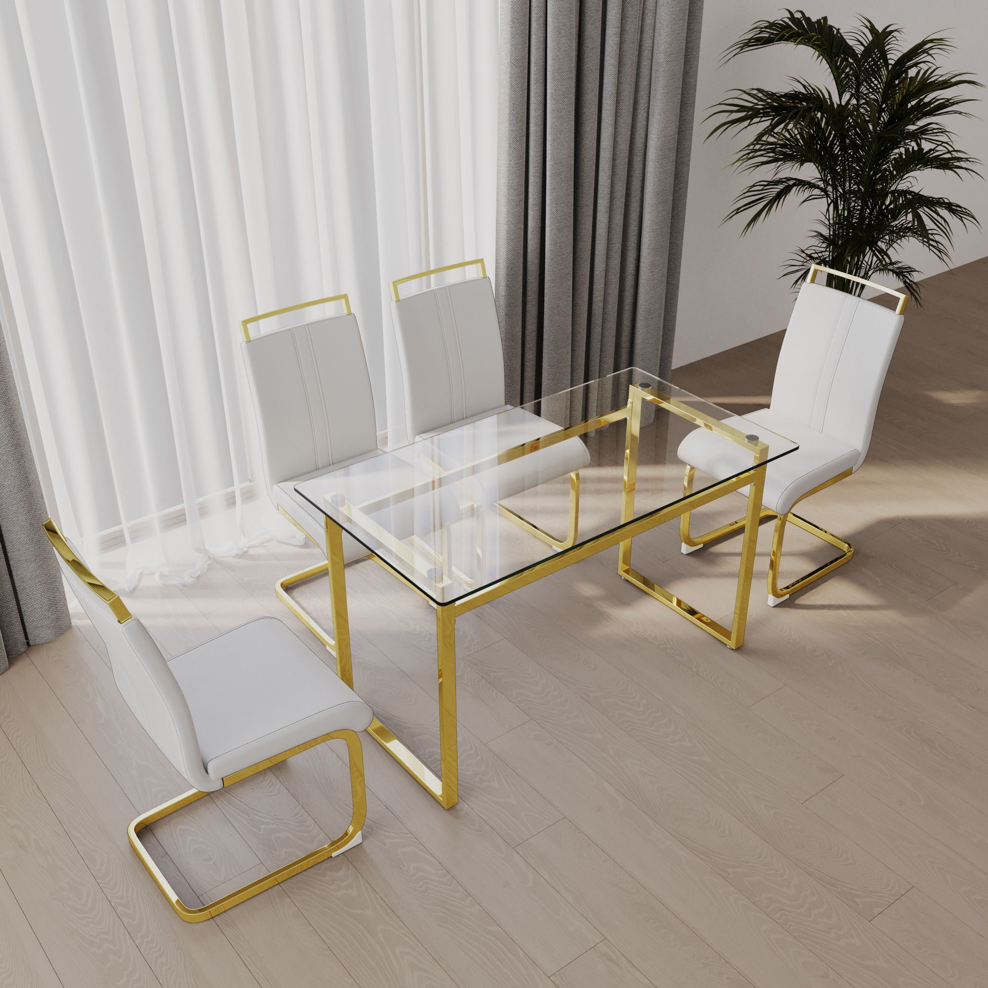 Modern Glass Dining Table Set For 4 With Golden Plating Legs And Chairs - Transparent