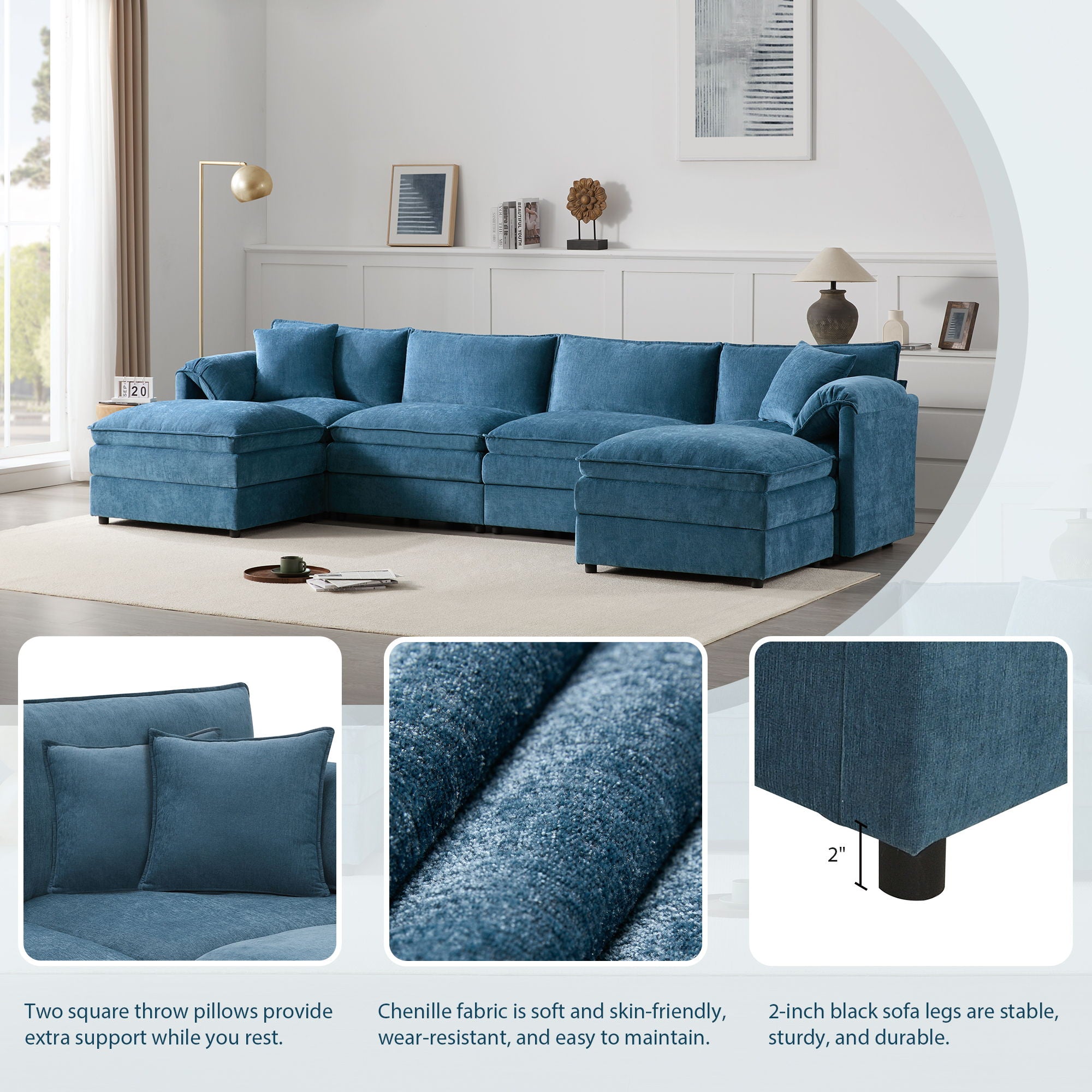 Modular Sectional With Deep And Wide Seat, Cloud Couch Set With Double Cushions Sofa With Movable Ottoman