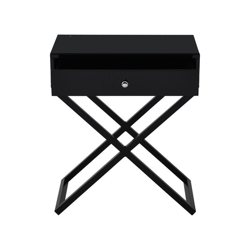 Koda 23"W Black Wooden End Side Table Nightstand with Glass Top, Drawer and Metal Cross Base
