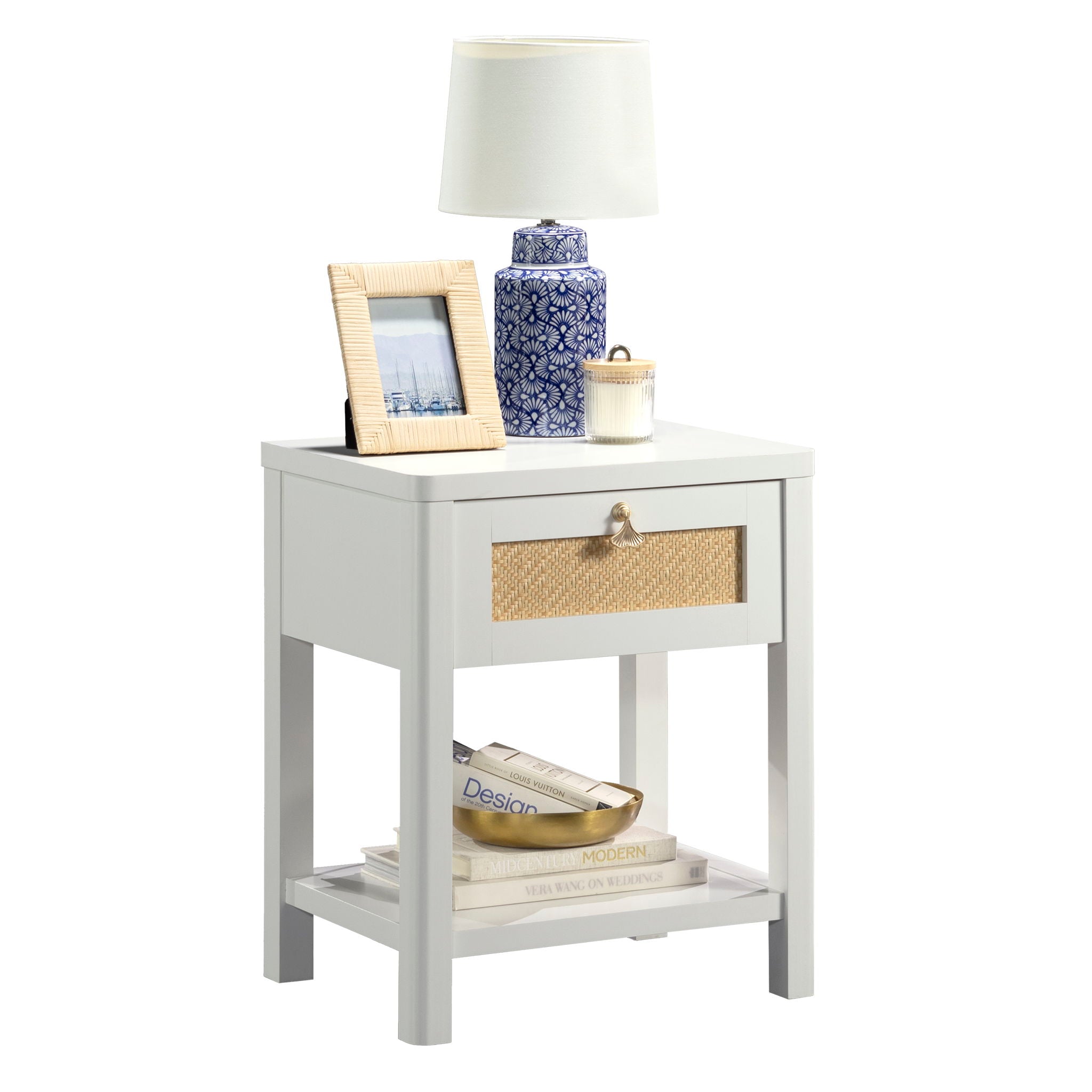 Night Stand with Open Storage in White/Rattan