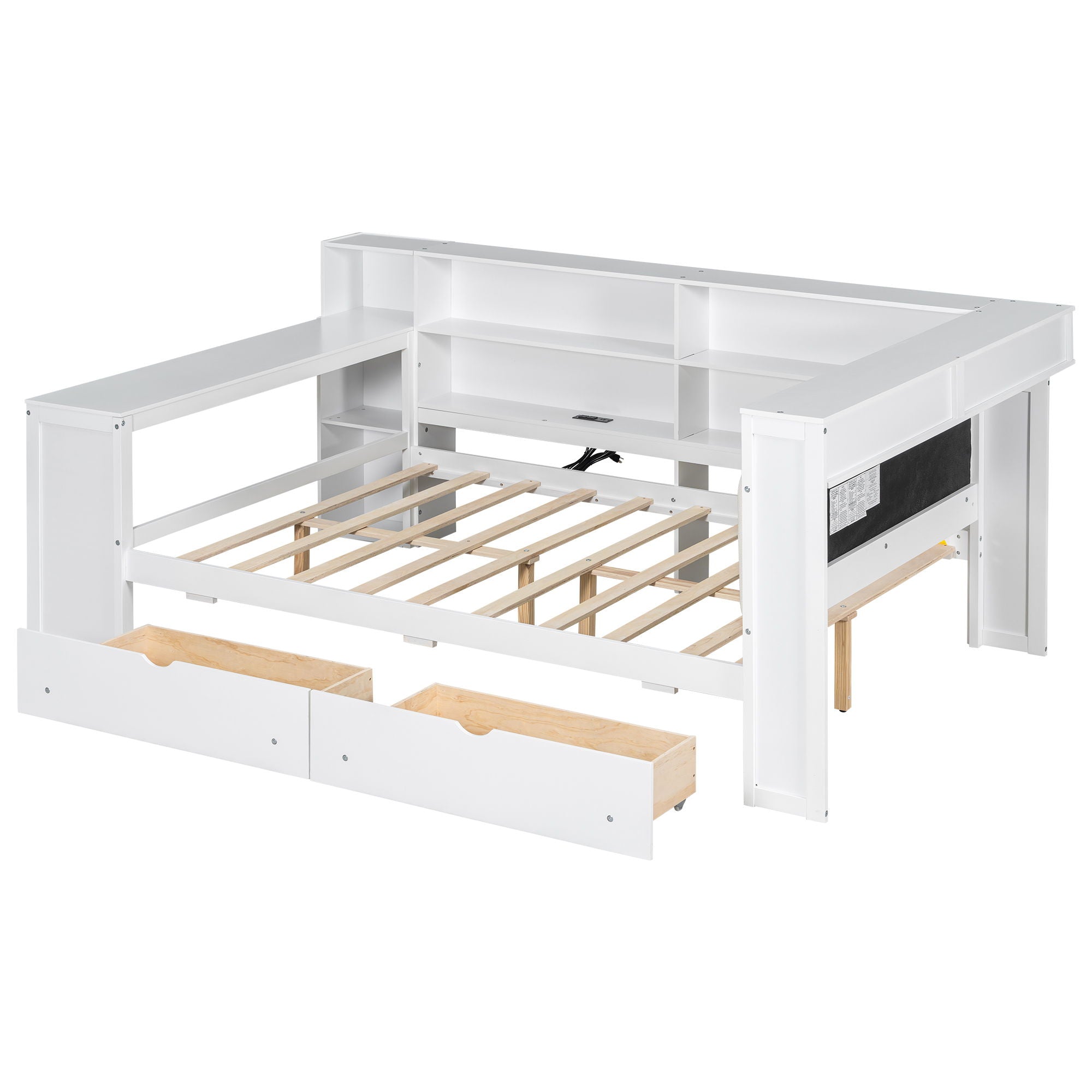 Platform Bed With Storage Shelves, Drawers, Charging Station, LED, Desk