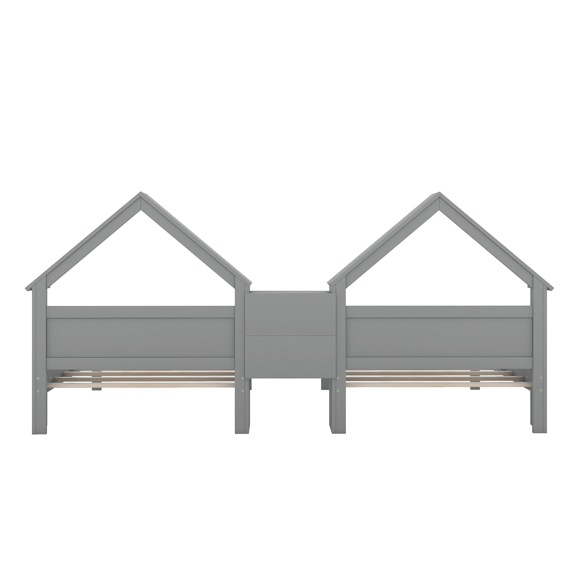 Double Platform Bed With House Shaped Headboard And Built In Nightstand