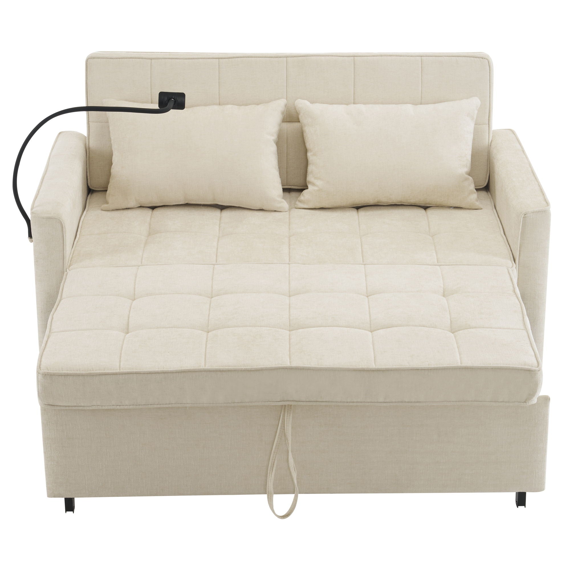 Pull-Out Sleeper Sofa With Reversible Backrest Cushion, Side Pockets, 2 USB Ports And A Phone Holder For Living Room