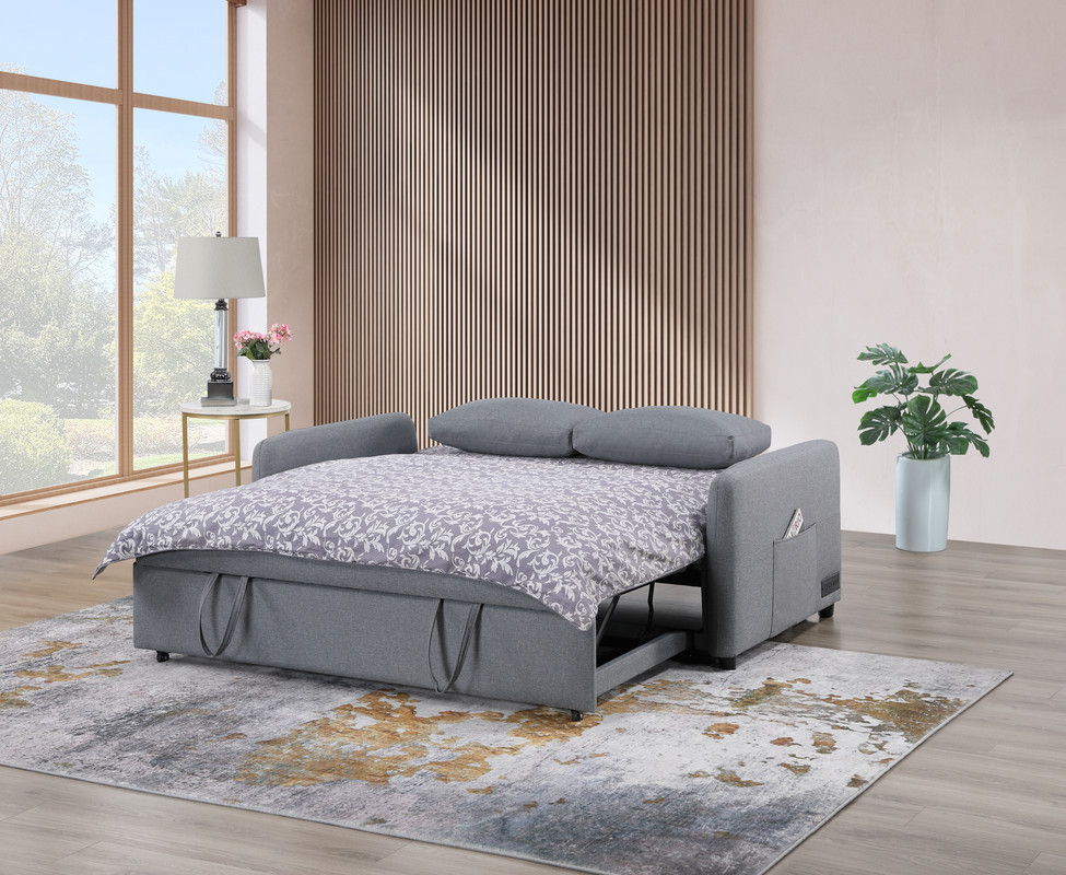 Radella 69"W Gray Linen Convertible Sleeper Sofa with USB Ports, Power Sockets, Pockets, Pillows, Tufting