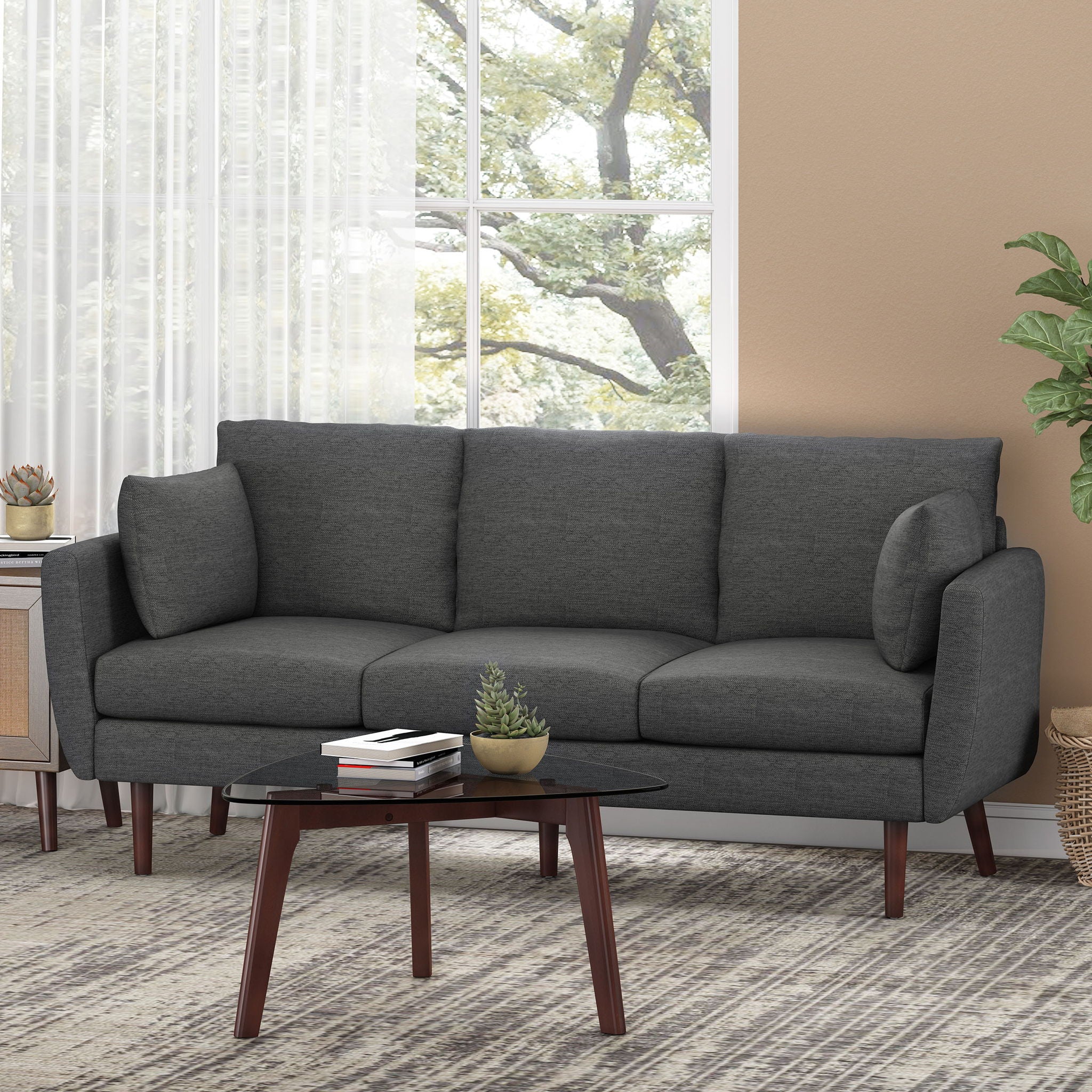 Diaphanous - Upholstered 3 Seater Sofa With 2 Accent Pillows And Wood Legs