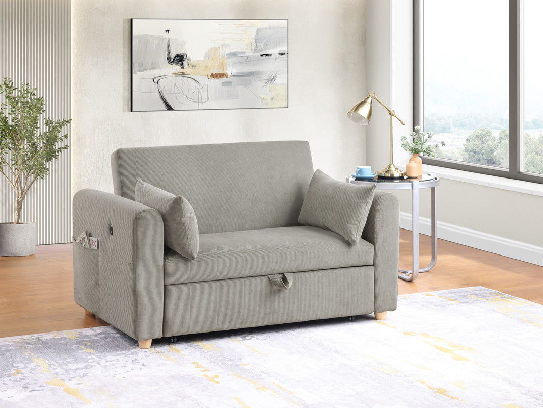 Marielle 55"W Gray Corduroy Convertible Sleeper Loveseat with USB Ports, Magazine Pockets, and Pillows