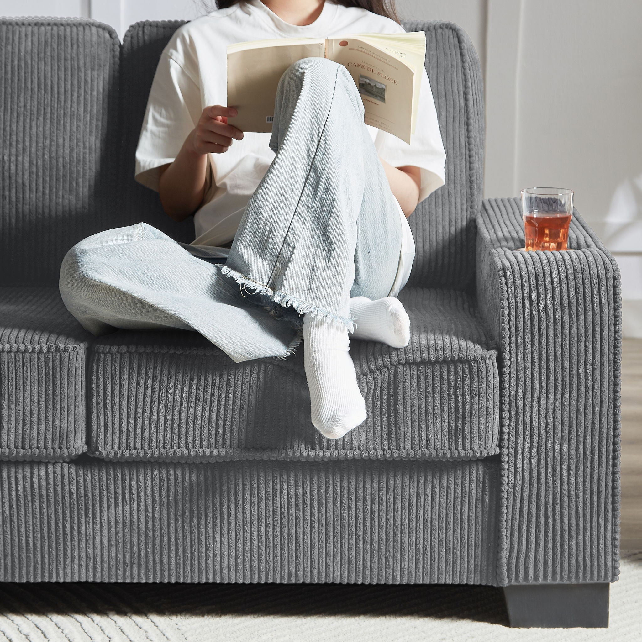 Modern Corduroy Fabric Sofa, 3 Seater Compressed Couch With Cup Holders