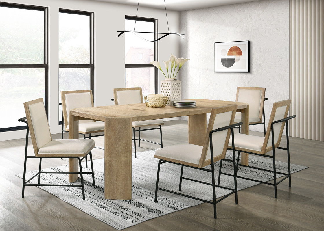 Magnus 66" Oak Finish Extendable Rectangular Dining Table Set with Cream Color Upholstered Chairs