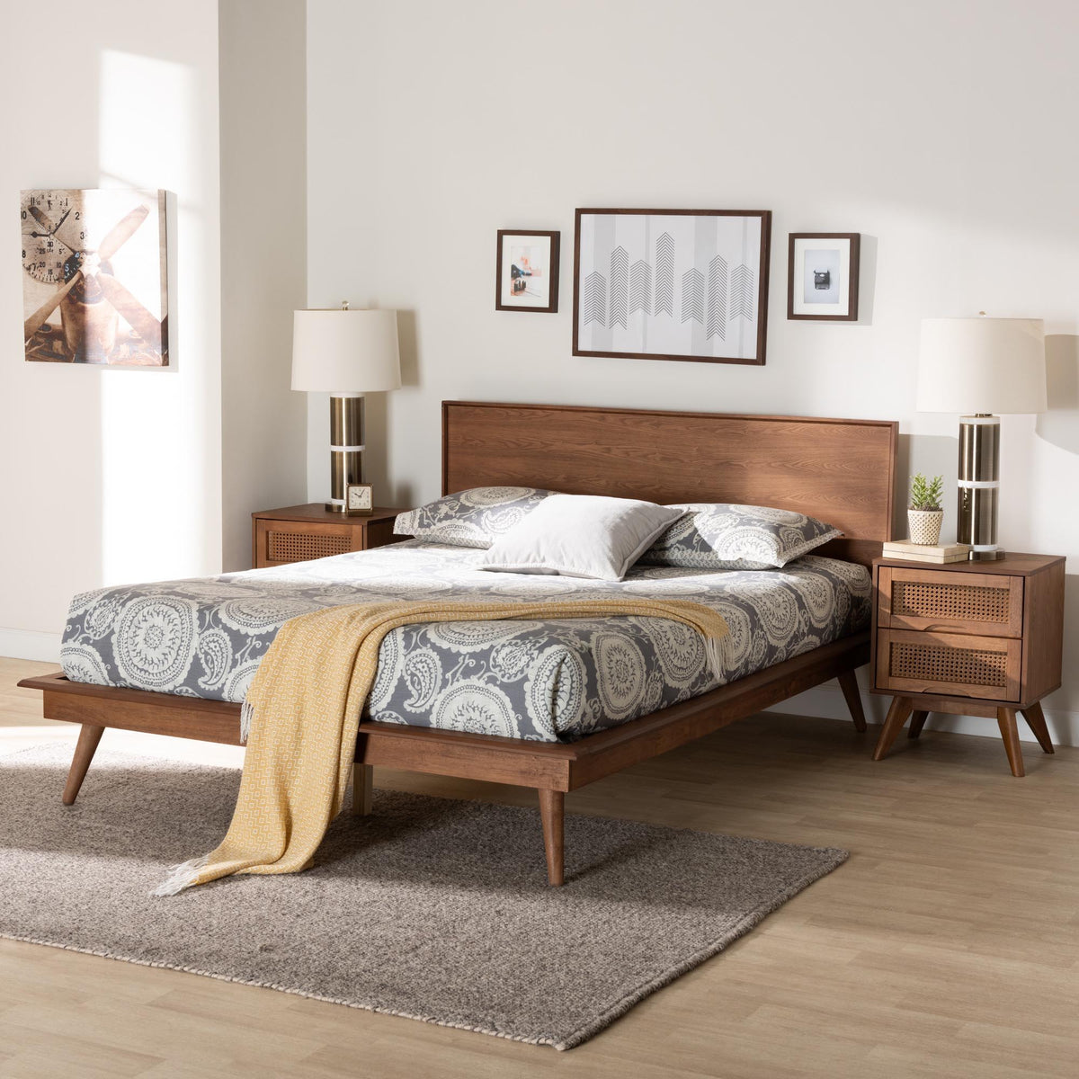 Melora Mid-Century Modern Walnut Brown Finished Wood and Rattan King Size 3-Piece Bedroom Set