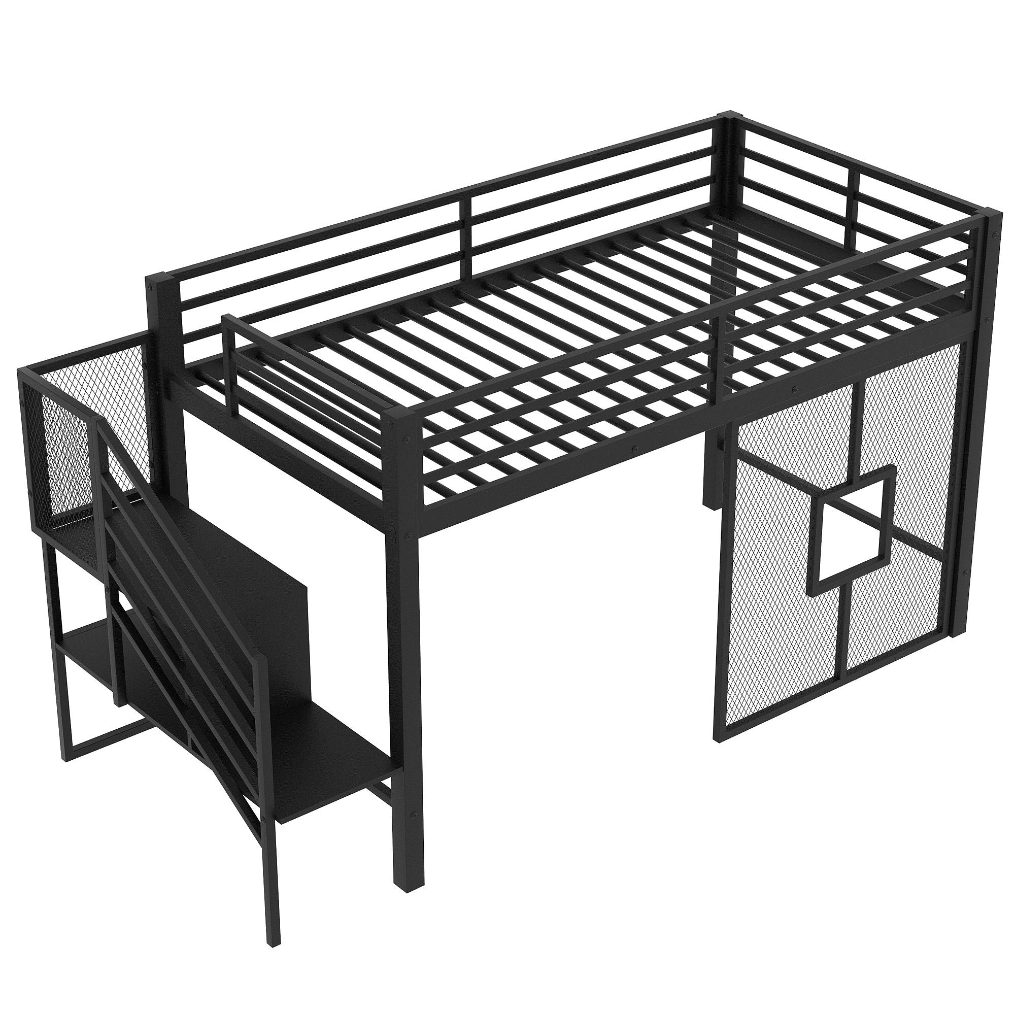 Twin Low Loft Bed Frame With Storage Staircase - Black