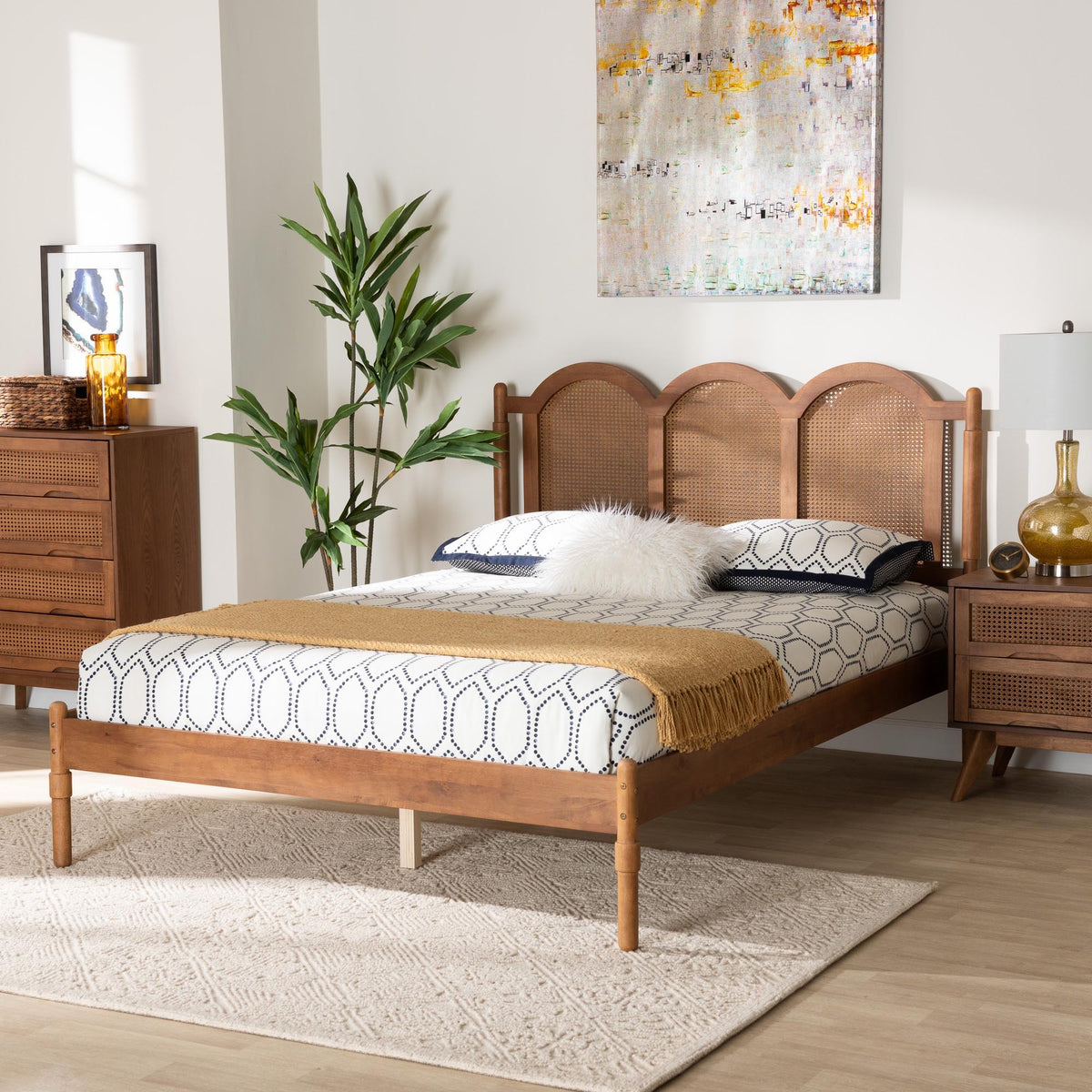 Thatcher Mid-Century Modern Walnut Brown Finished Wood Queen Size Platform Bed with Woven Rattan