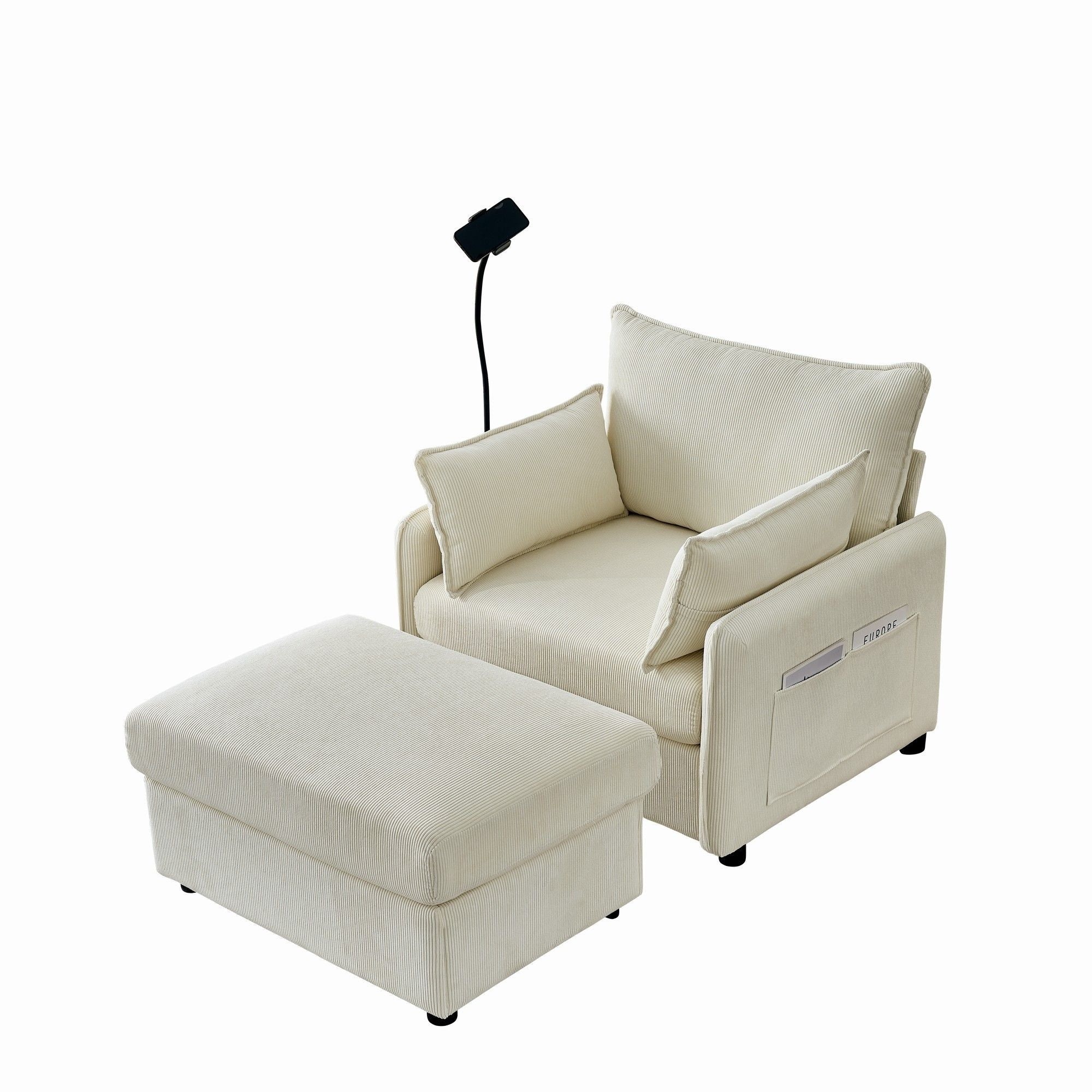 Comfy Corduroy Oversized Chaise Lounge Chair With Ottoman And Storage