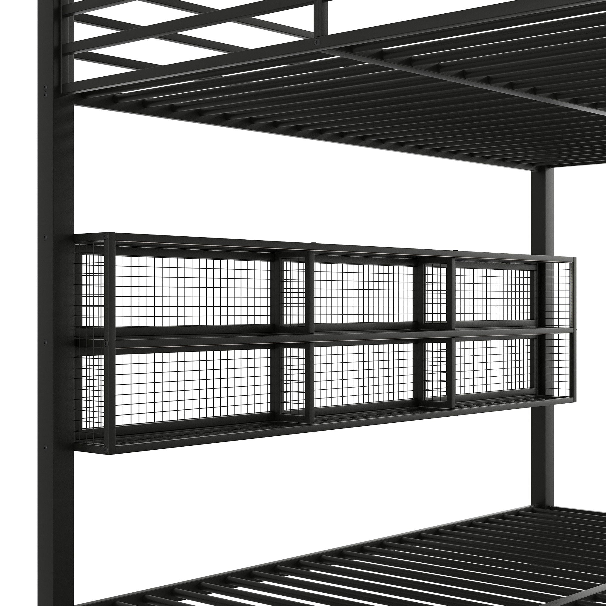 Queen Over Queen Bunk Bed With Storage Cabinets And LED Sturdy Frame, 6 Storage Units, Adjustable LED Lights - Black