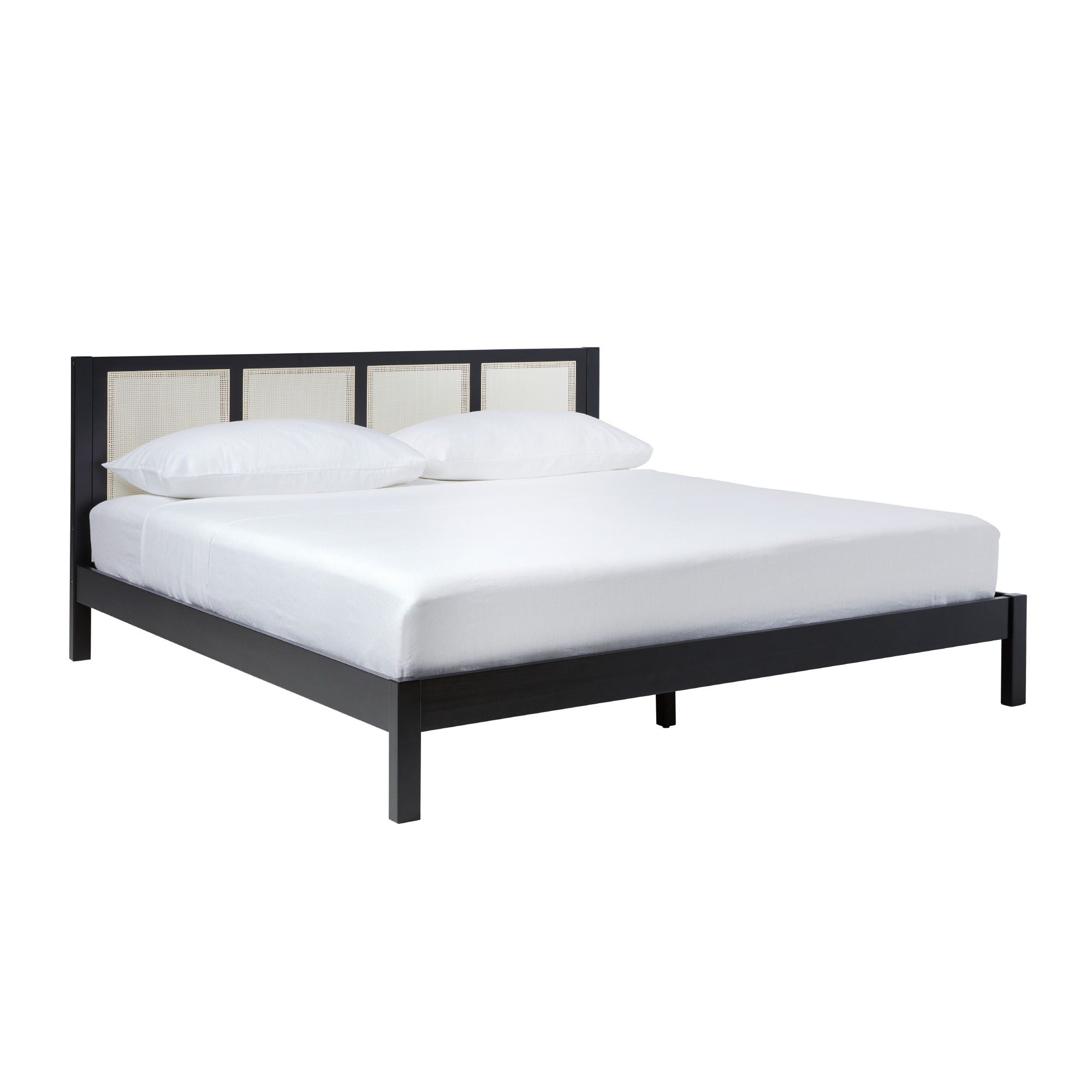 King Bed With Rattan Panel Headboard - Black