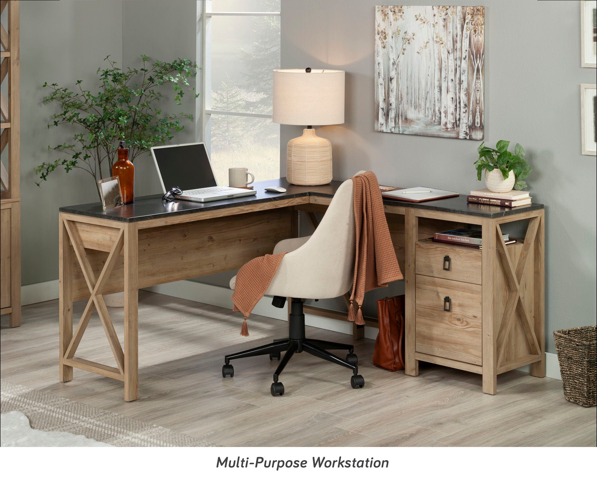 L-Shaped Desk with Drawers in Khaki Pine