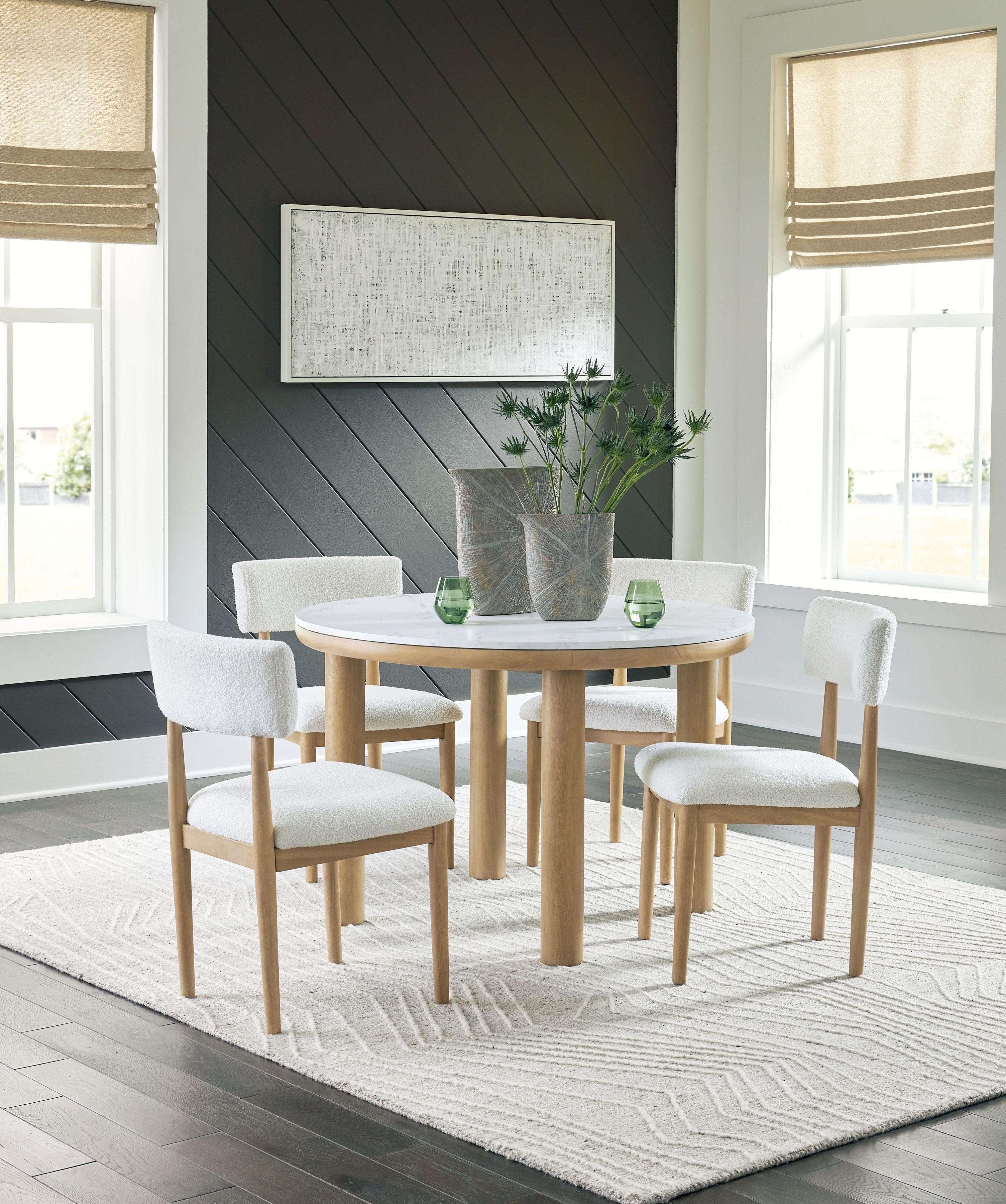 Signature Design by Ashley® Sawdyn - White / Light Brown - 5 Pc. - Round Dining Room Table, 4 Side Chairs | Meri Furniture