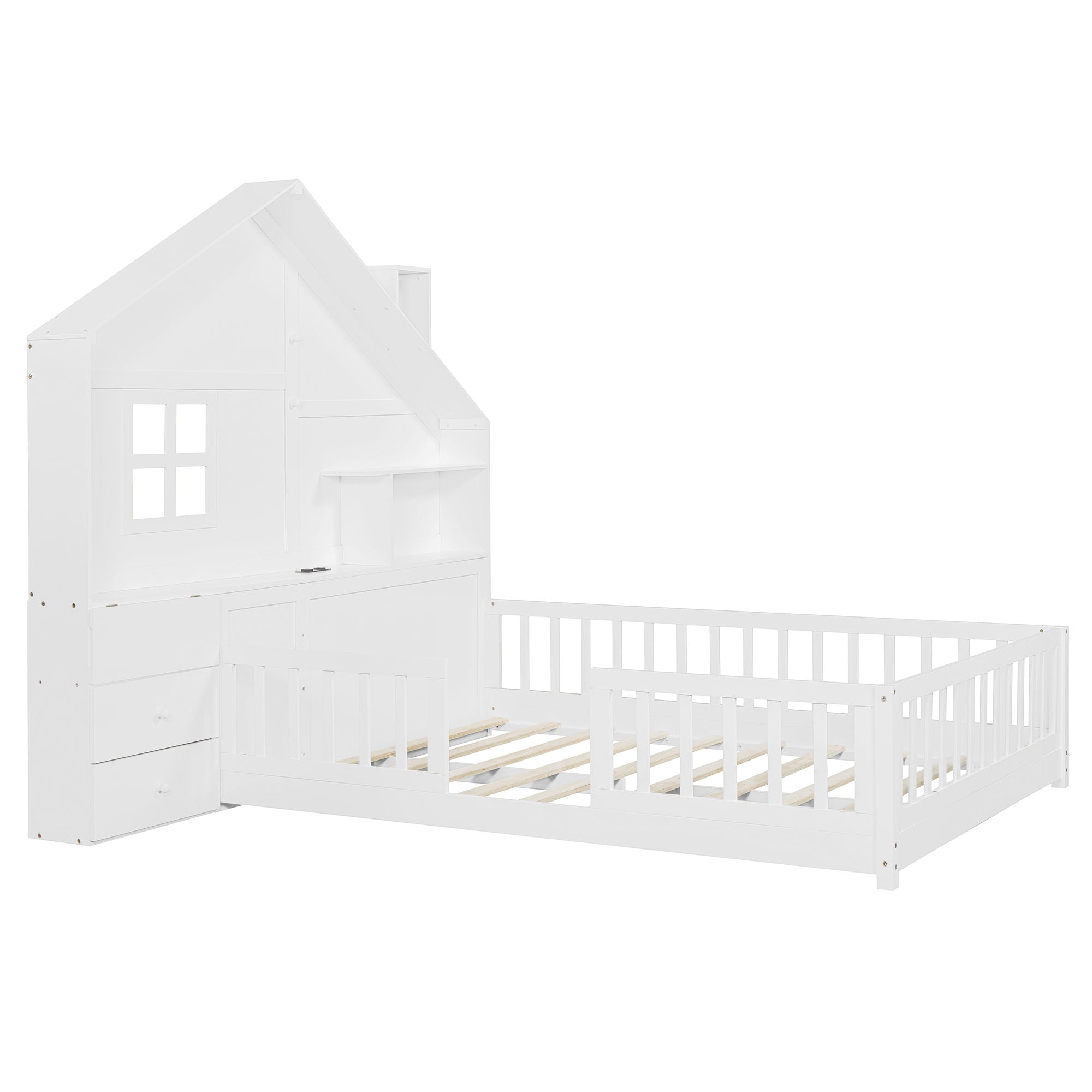 Full Size House Bed With Window And Bedside Drawers, Platform Bed With Shelves And A Set Of Sockets And USB Port - White