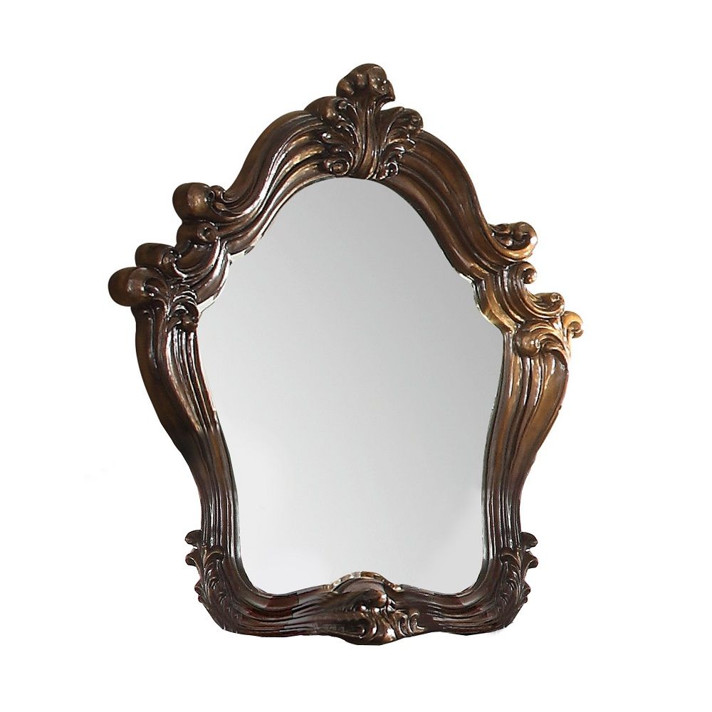 ACME The Versailles mirror gives your bedroom all the grandeur of royal style. This mirror has a substantial silhouette and is adorned with such old-world details, carved medallions, and shaped moldings. This mirror is the perfect addition to any bedroom.