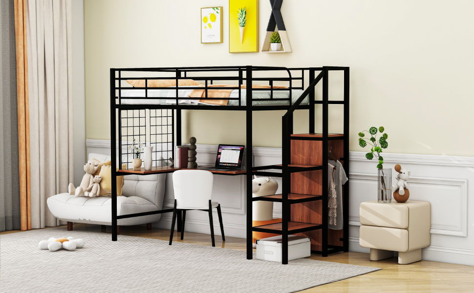 Loft Bed With Desk And Grid, Stylish Frame With Lateral Storage Ladder And Wardrobe