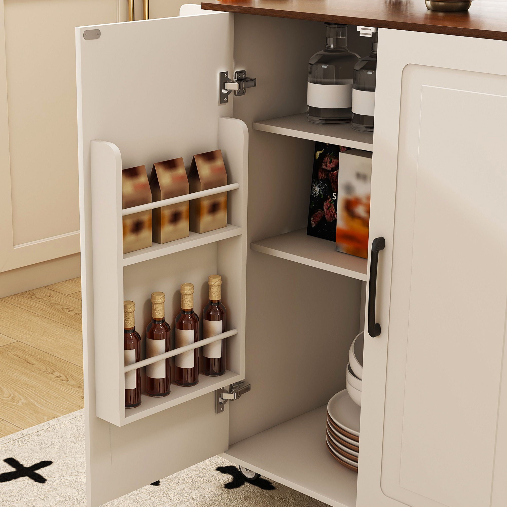 Kitchen Island Cart With Foldable Tabletop & Drop Leaf Mobile Breakfast Bar With Wood Top And Storage - White / Walnut