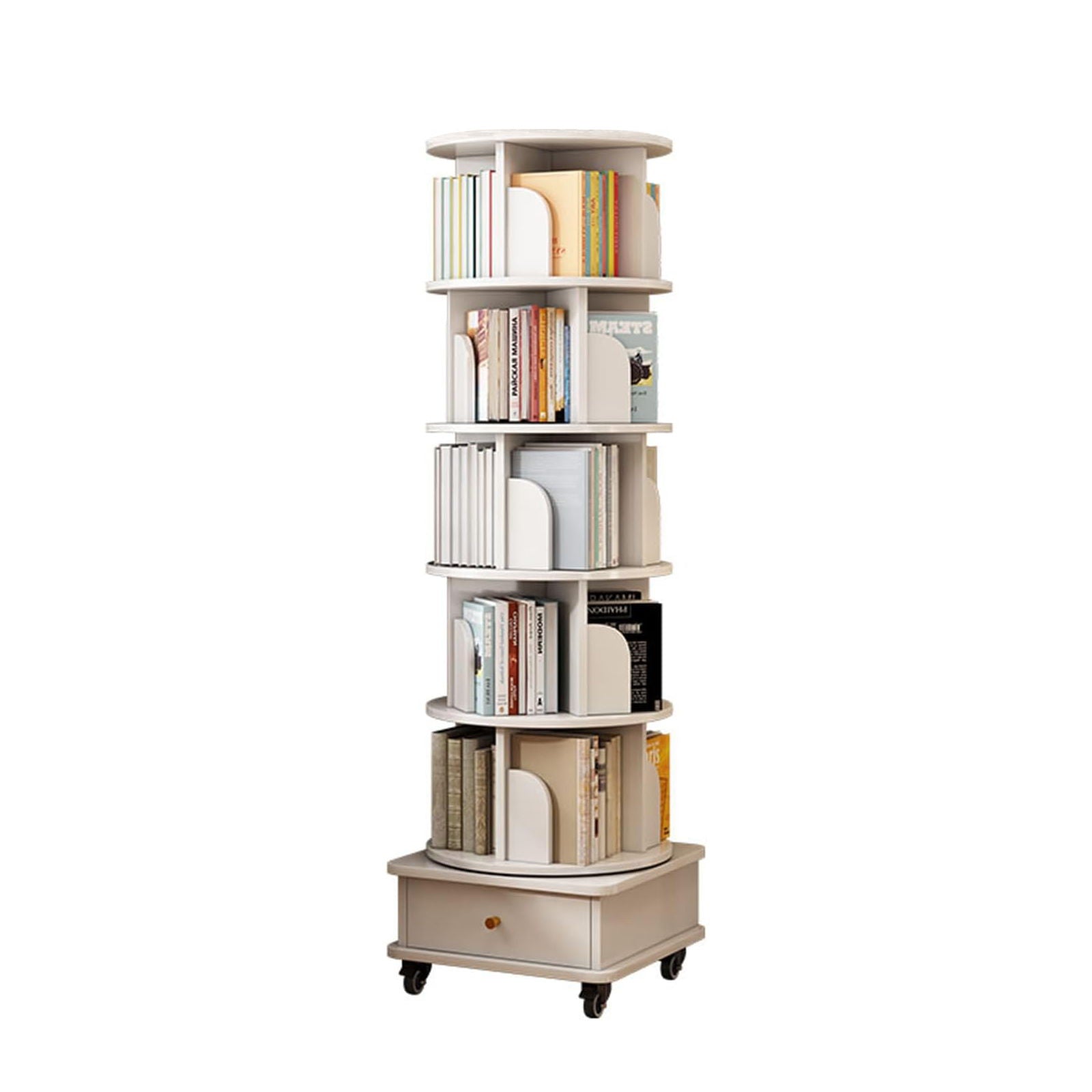 Rotating Bookshelf With Wheels And Drawer, 360° Spinning Design, Space Saving Storage