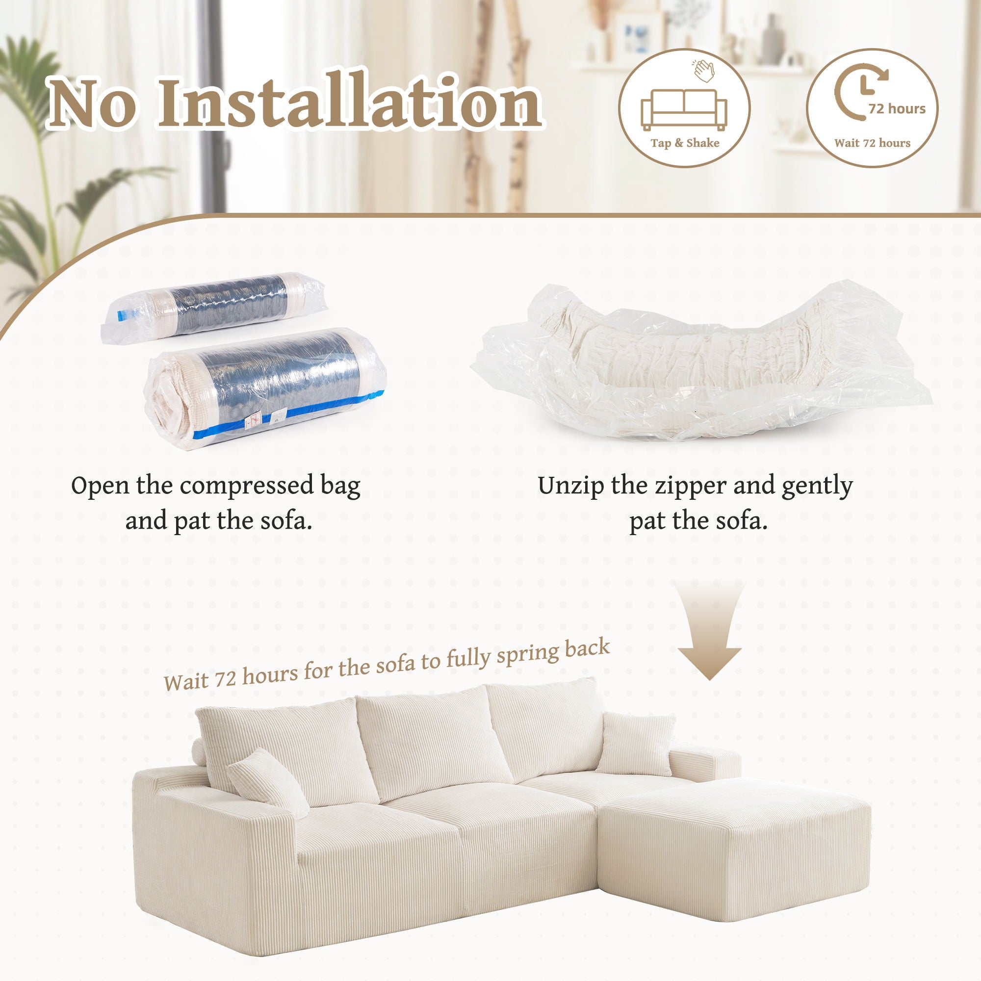 L Shaped Sectional Sofa, Full Compression 3 Seater Cloud Couch With Chaise