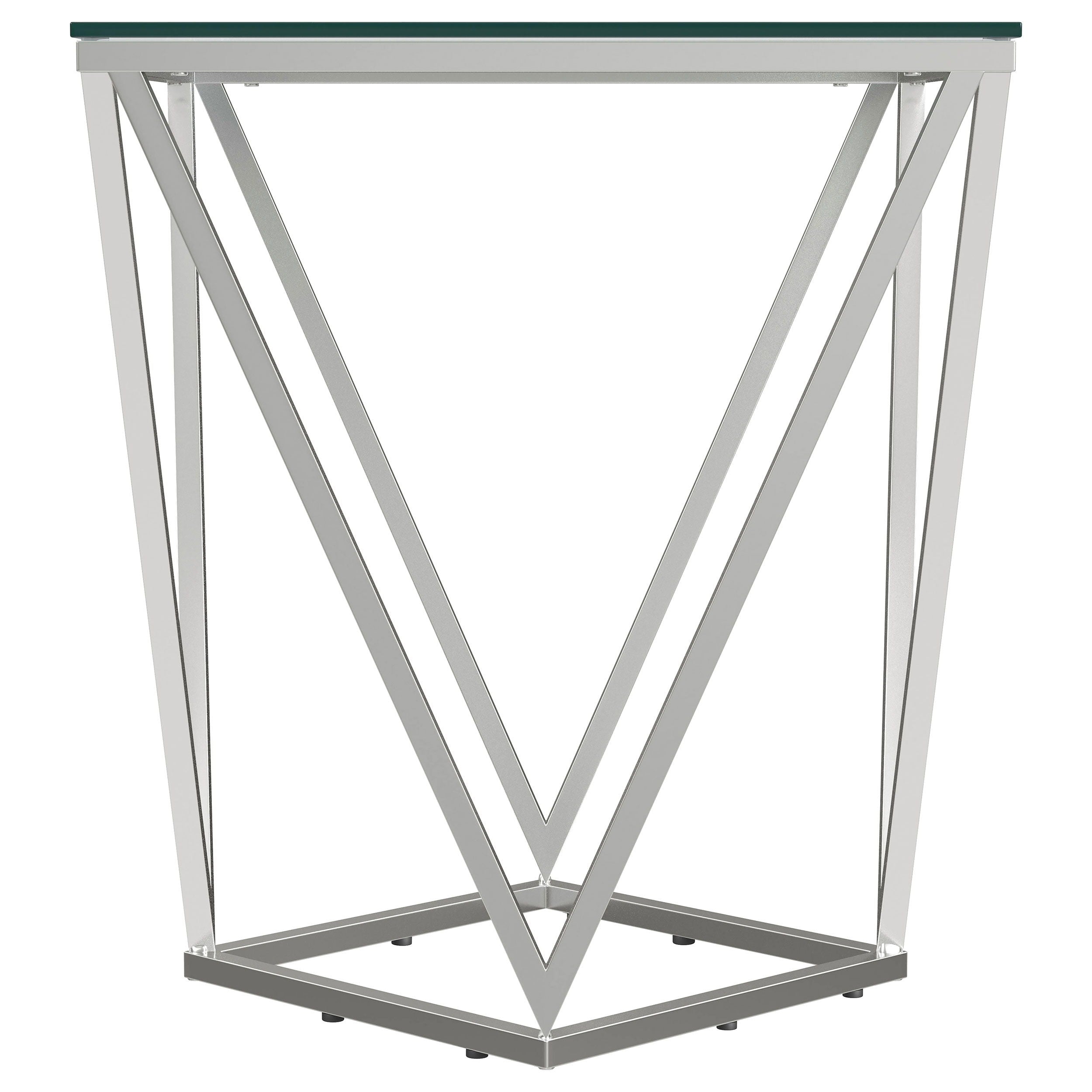 Coaster Fine Furniture Brittania - Square Glass Top Geometric End Table - Nickel | Meri Furniture