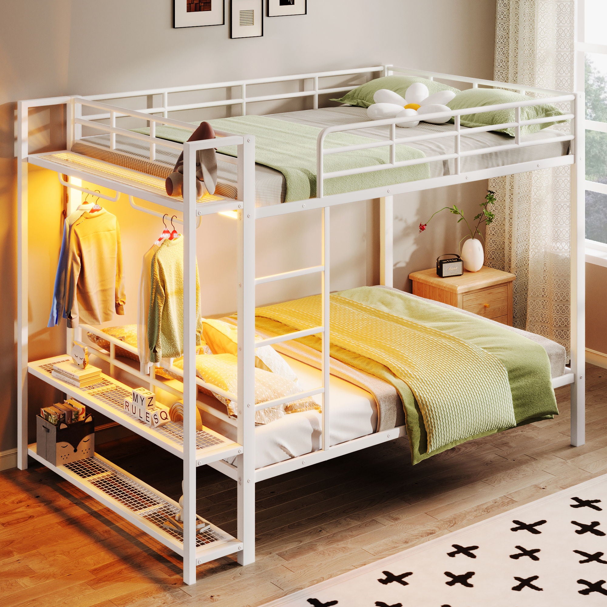Bunk Bed With Storage Mesh Shelves, Clothes Hooks, LED Light