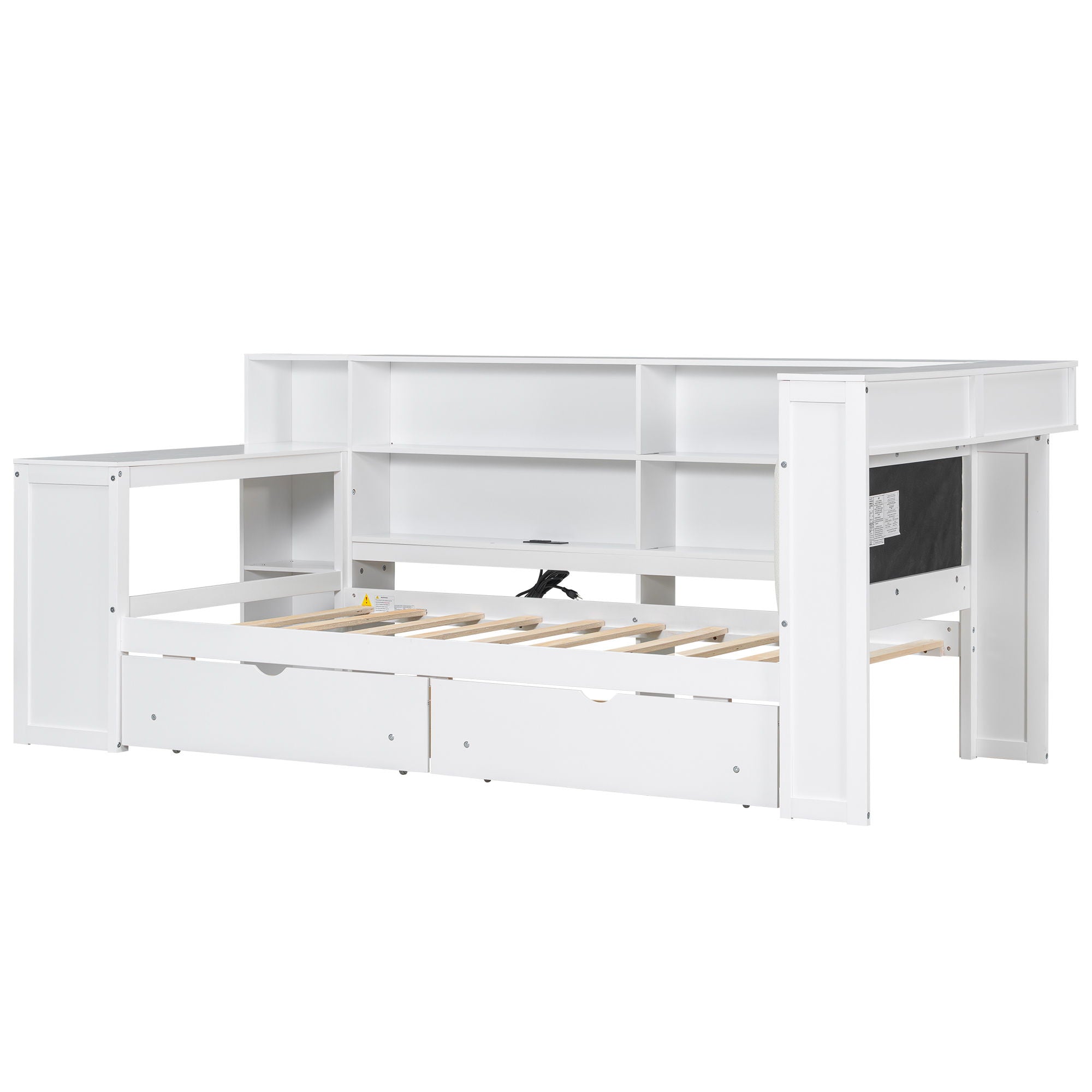 Platform Bed With Upholstered Headboard, Storage Shelves, Drawers, Charging Station, LED Lighting, Built In Desk