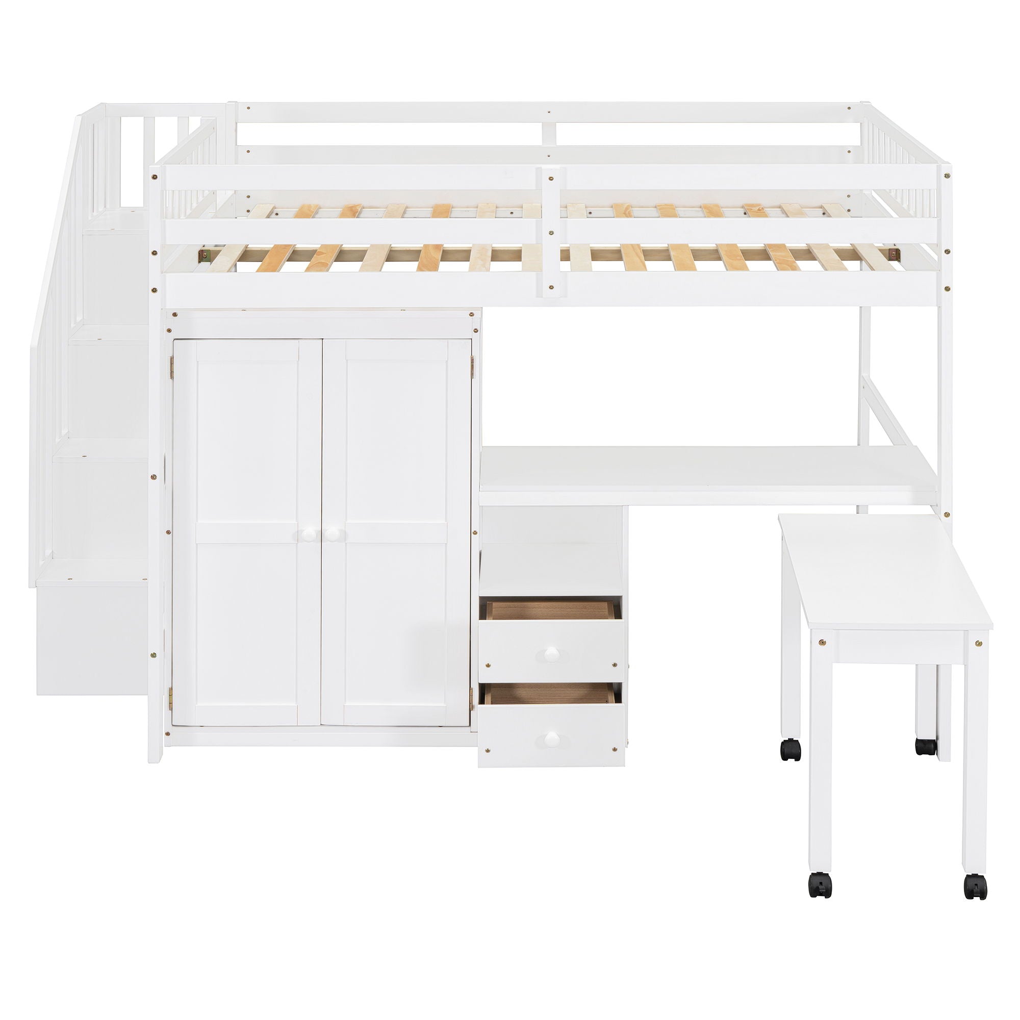 Loft Bed With Stairs, Bookshelf, Drawers, Desk & Wardrobe, Space Saving Multifunctional Furniture