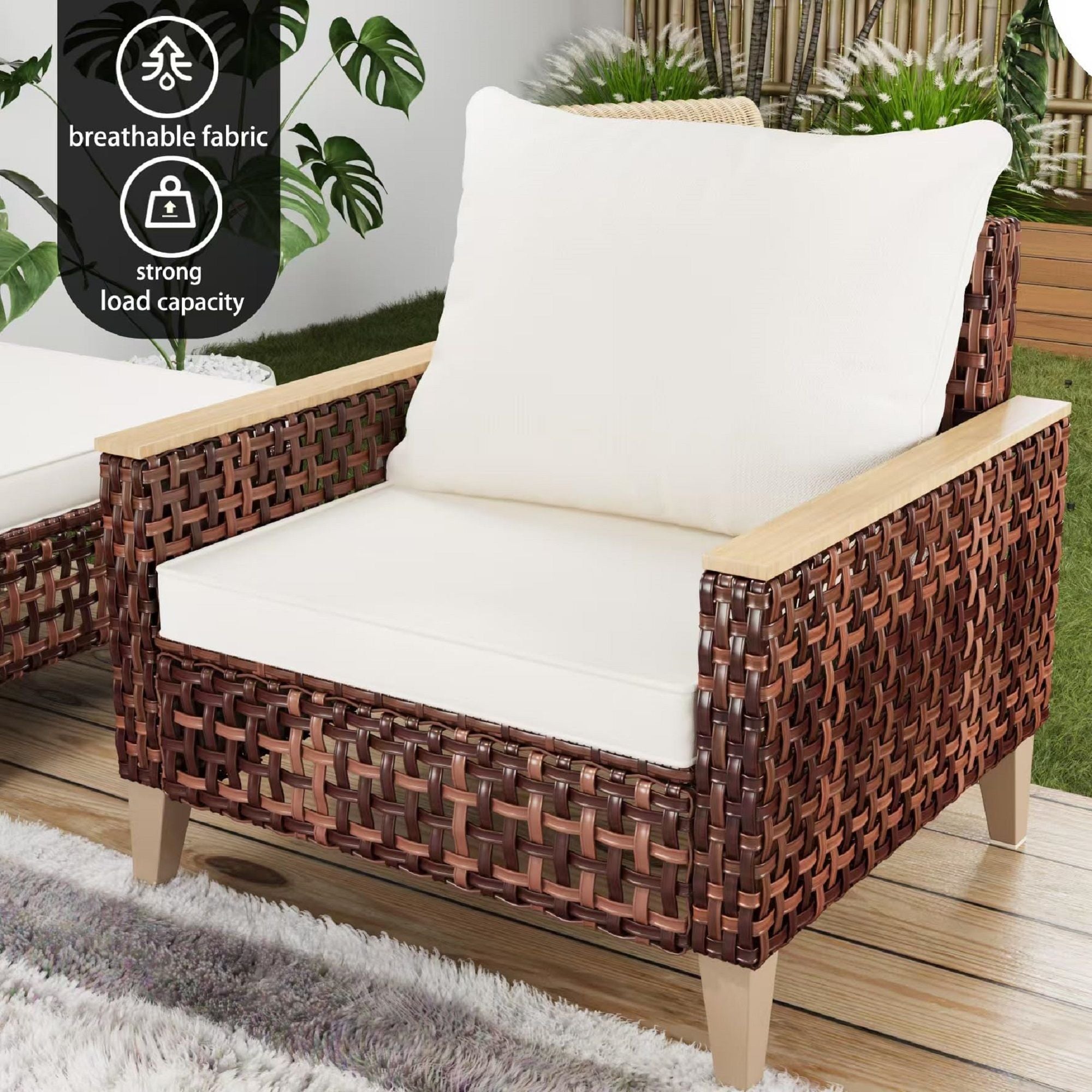 5 Piece Rattan Terrace Furniture Set, 7 Seats Cushions, High Footed Design
