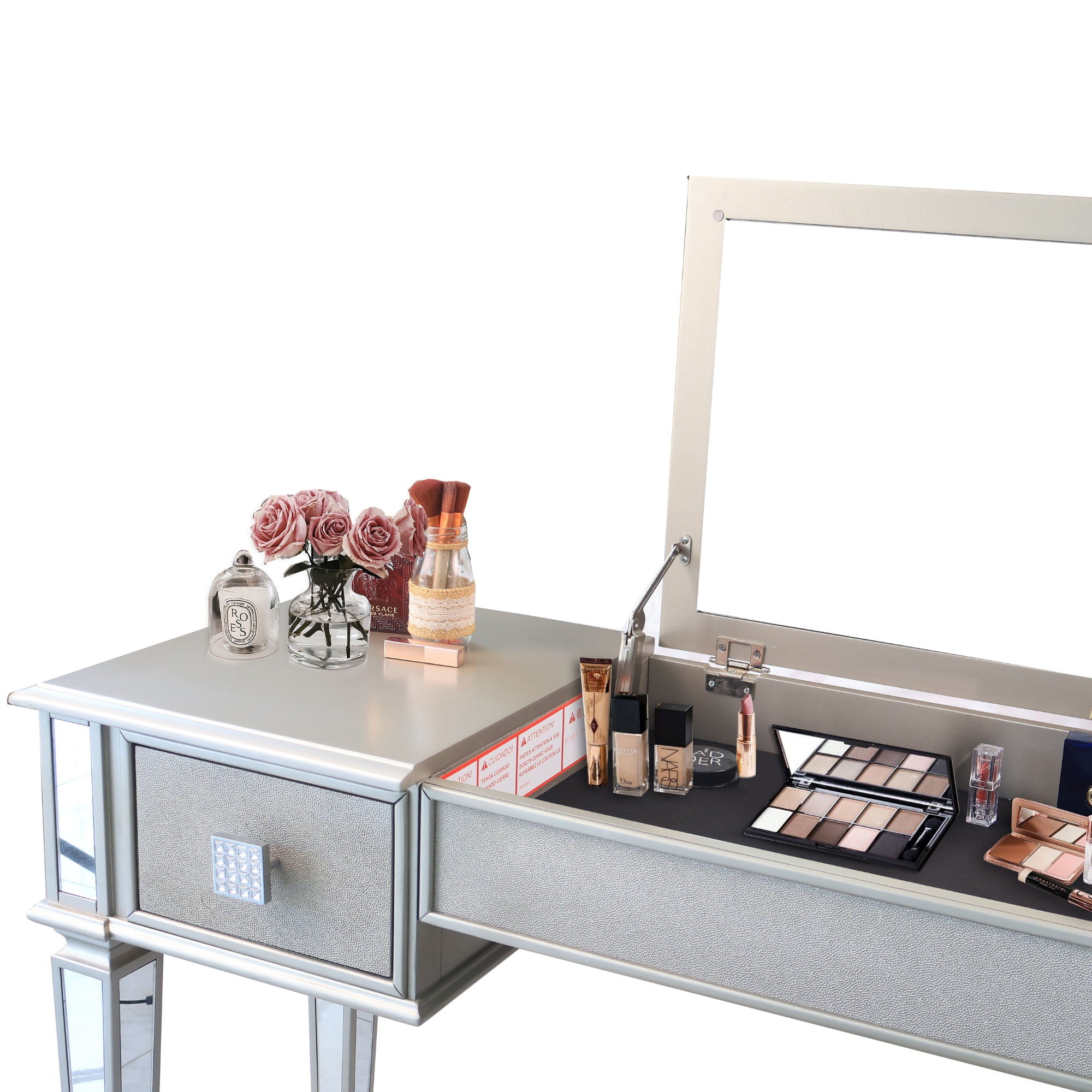 Mirrored Vanity Desk With Drawers And Stool, Flip Up Dressing Table Set For Makeup Room