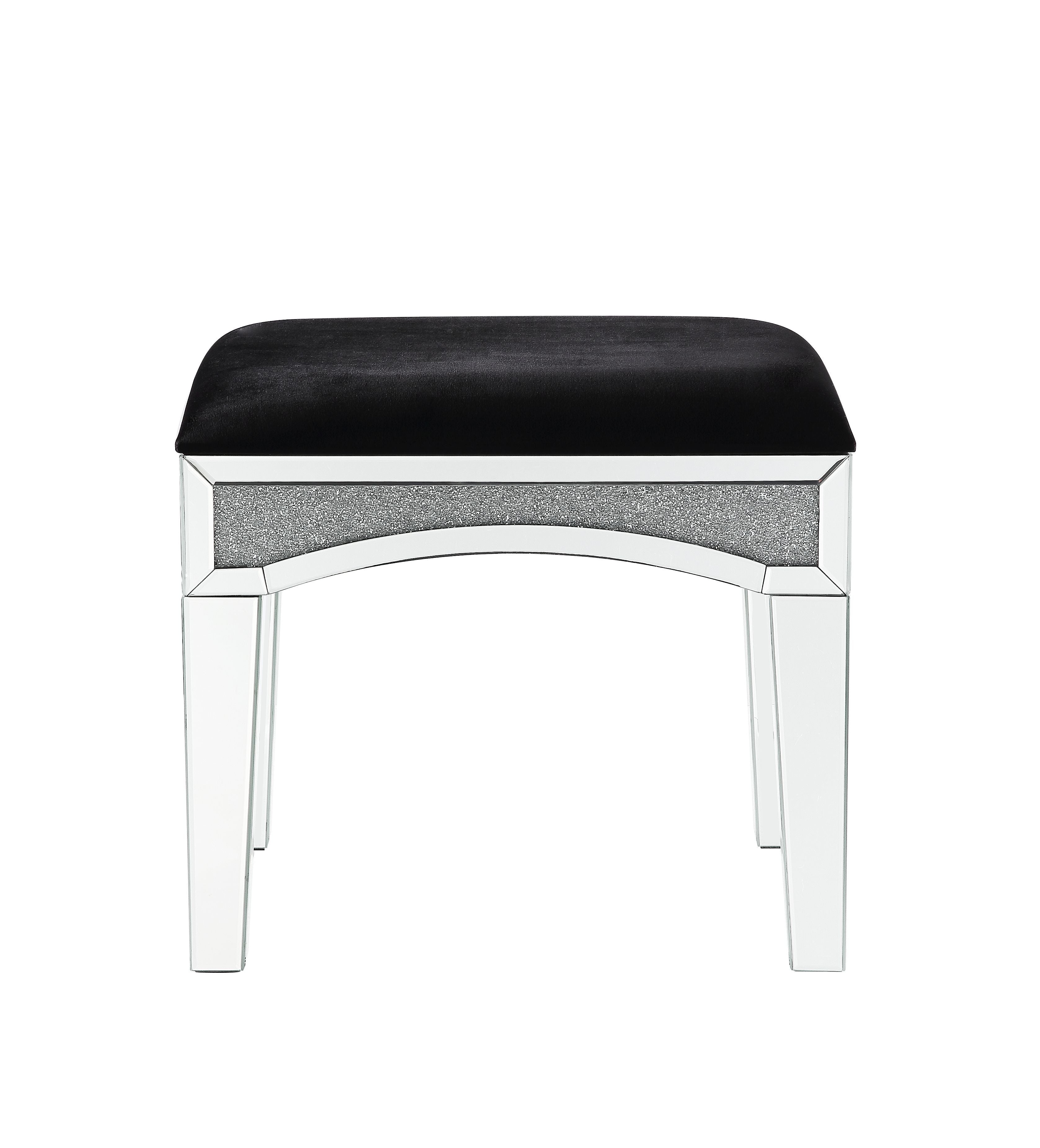ACME Noralie - Vanity Stool - Black Fabric, Mirrored & Faux Diamonds | Meri Furniture