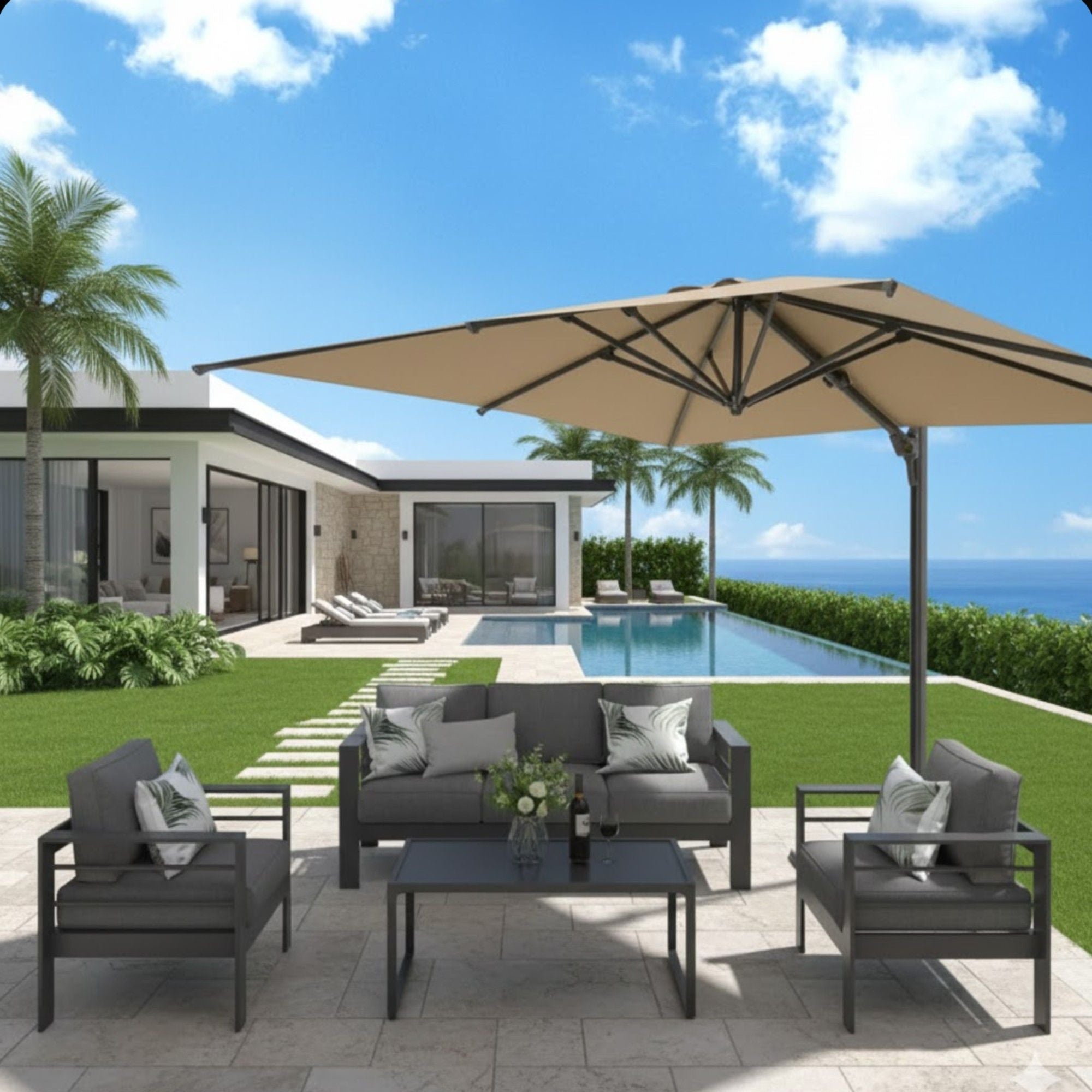 Round Cantilever Patio Umbrella With 360 Rotation & Infinite Tilt Adjustment