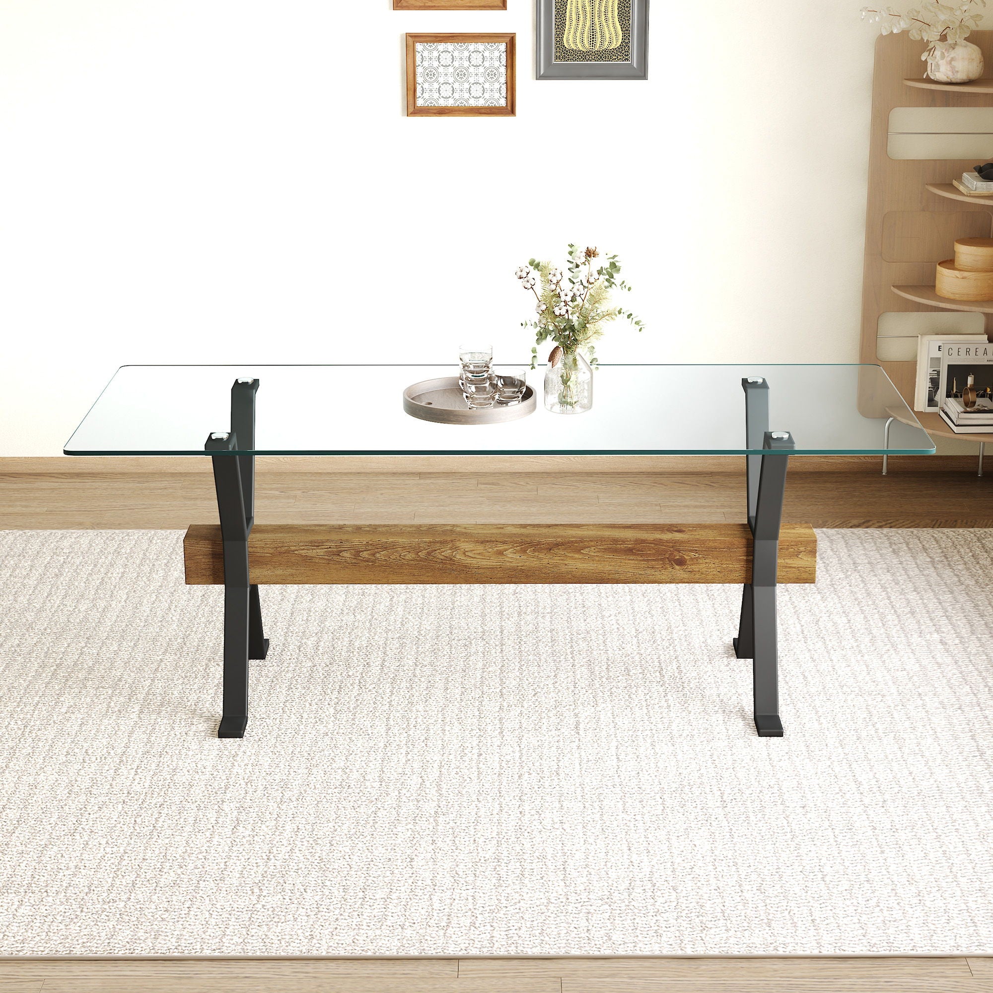 Elegant Tempered Glass Dining Table With X Shaped Metal Legs And Wood Grain Crossbeam - Black / Transparent