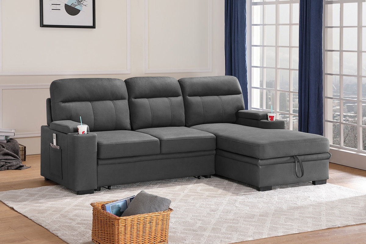 Kaden 94"W Gray Fabric Sleeper Sectional Sofa Chaise with Storage Arms and Cupholder